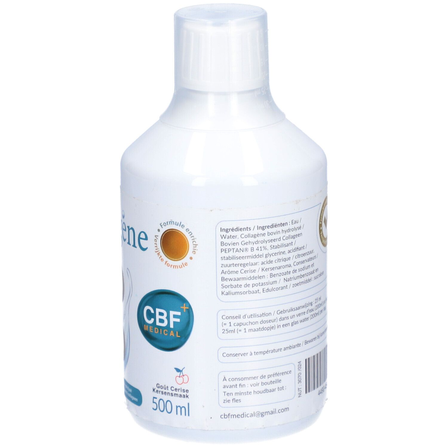 Rückseite der weißen Flasche. Kirschgeschmack. Enthält Inhaltsstoffe, Dosierung und Haltbarkeitsinformationen. CBF Medical.