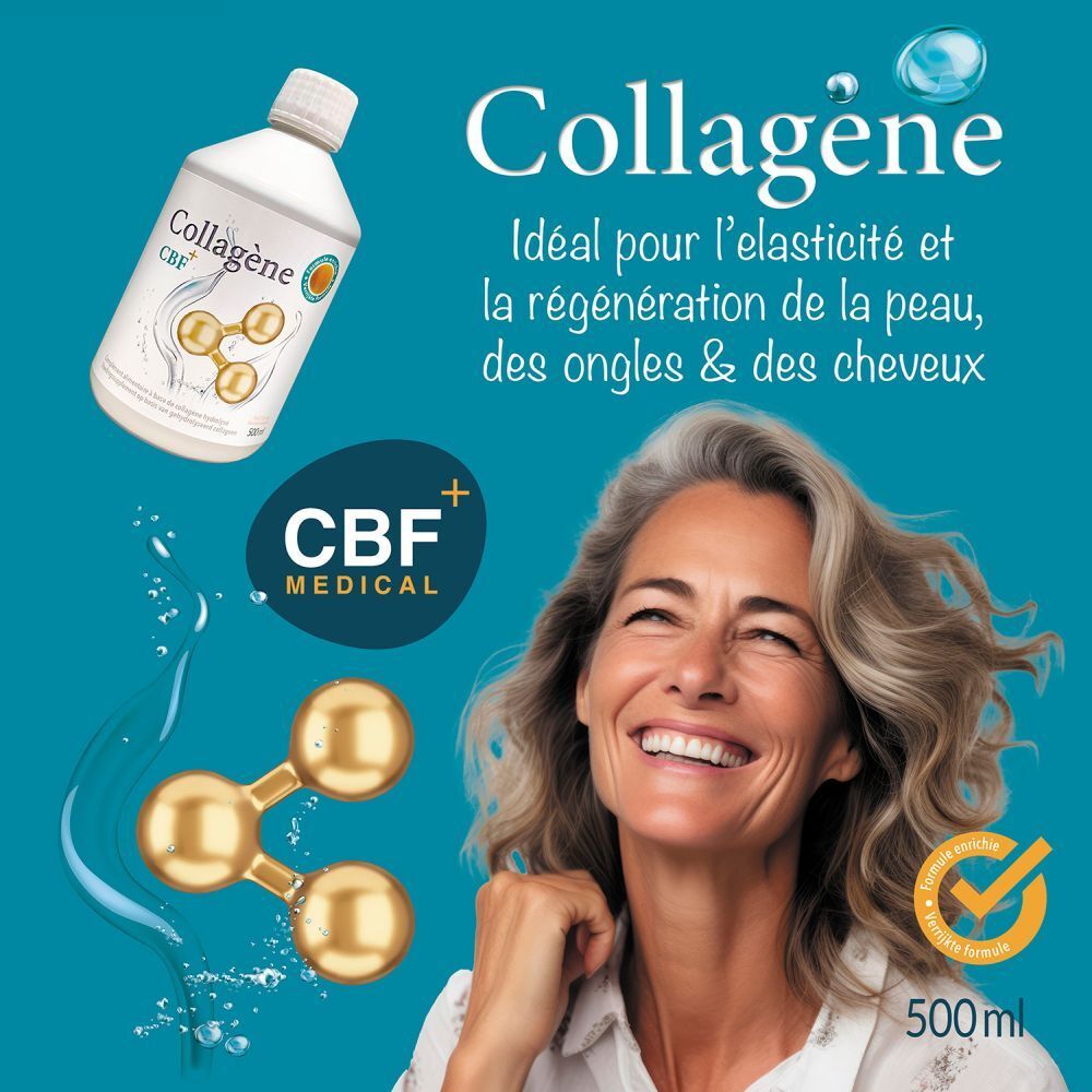 Image publicitaire. Femme souriante. Bouteille "Collagen" et logo CBF+. Texte: Élasticité et régénération peau, ongles, cheveux.