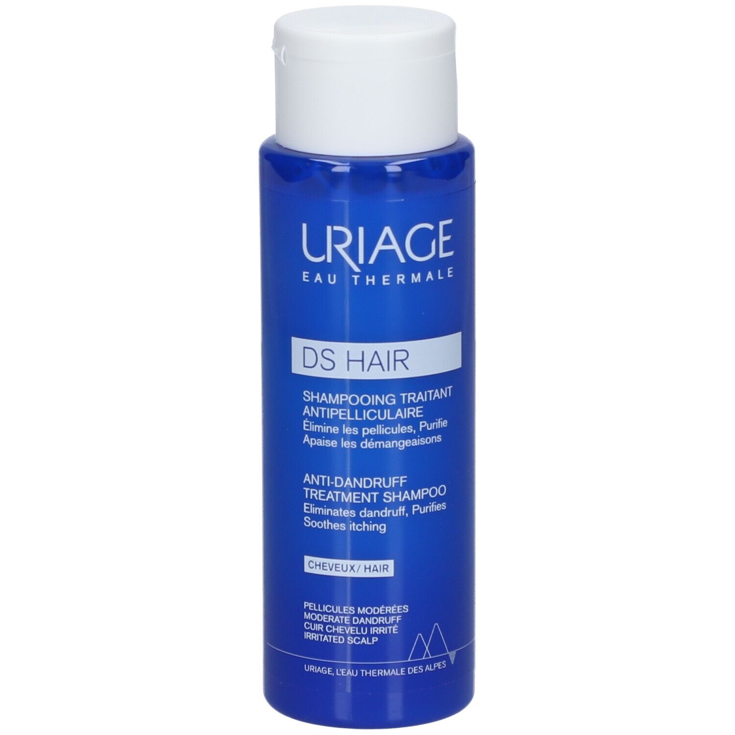 Blauwe Flasche Uriage DS Hair Shampoo. Weißer Deckel. Text: DS Hair, Shampooing Traitant Antipelliculaire.