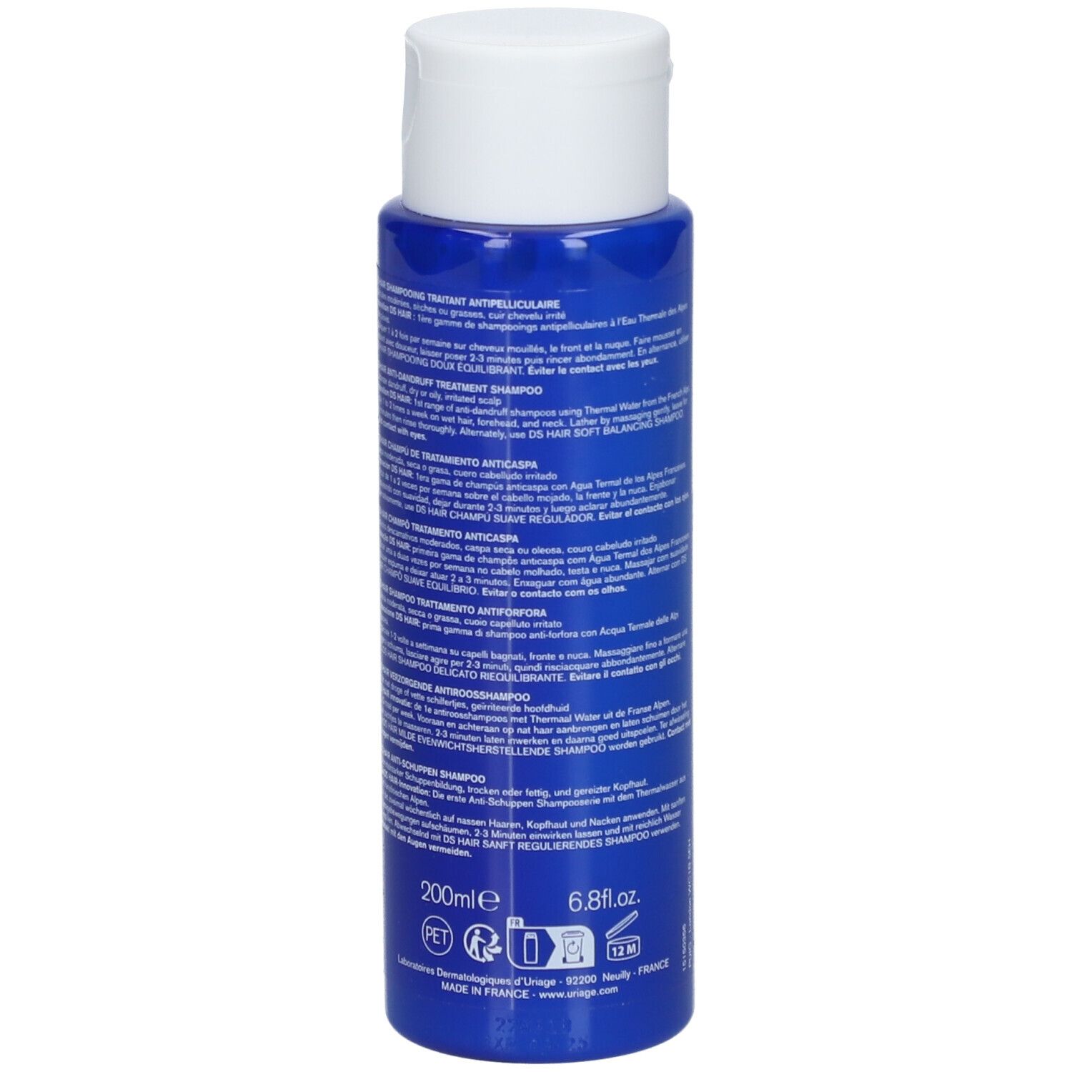 Rückseite der blauen Flasche Uriage DS Hair Shampoo. Text in mehreren Sprachen. 200ml.
