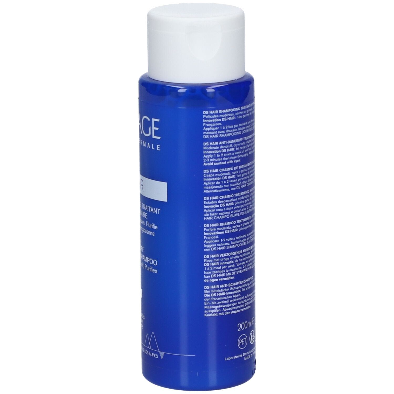 Rückseite der blauen Flasche Uriage DS Hair Shampoo. Text in mehreren Sprachen. 200ml.
