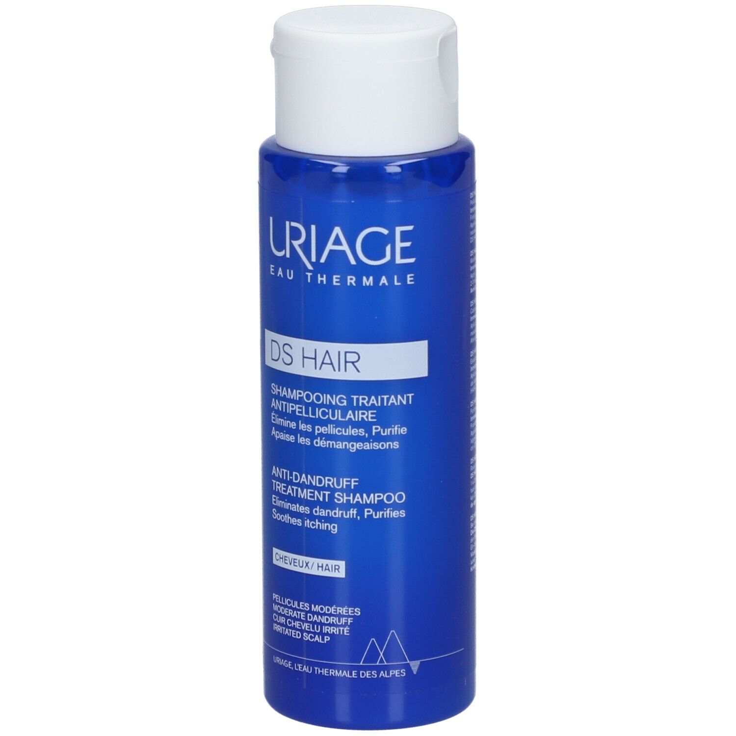 Blaue Flasche Uriage DS Hair Shampoo. Weißer Deckel. Text: DS Hair, Shampooing Traitant Antipelliculaire.