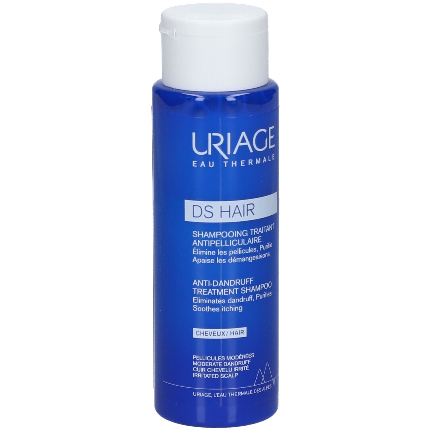 Blaue Flasche Uriage DS Hair Shampoo. Weißer Deckel. Text: DS Hair, Shampooing Traitant Antipelliculaire.