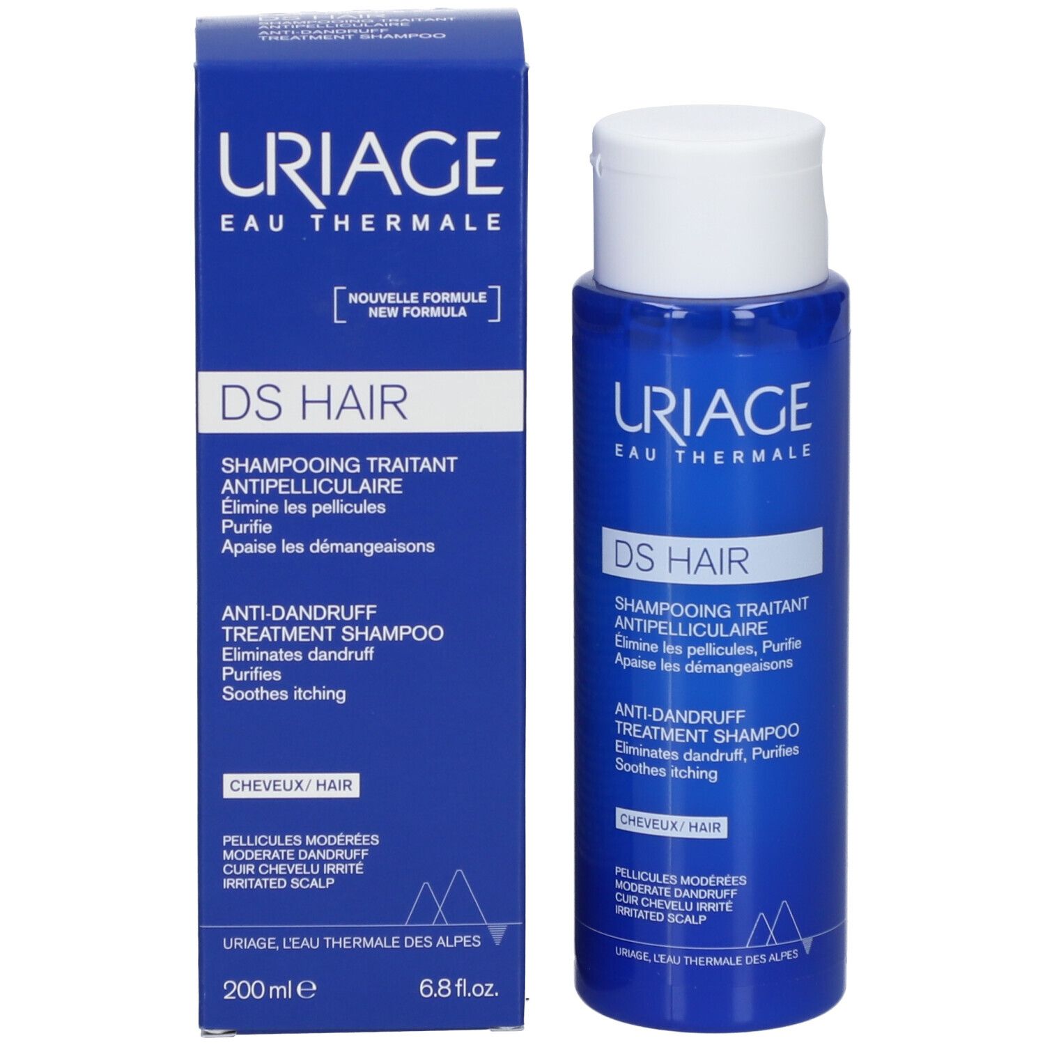 Uriage DS Hair Shampoo und Verpackung. Blaue Verpackung. Text: DS Hair, Shampooing Traitant Antipelliculaire.