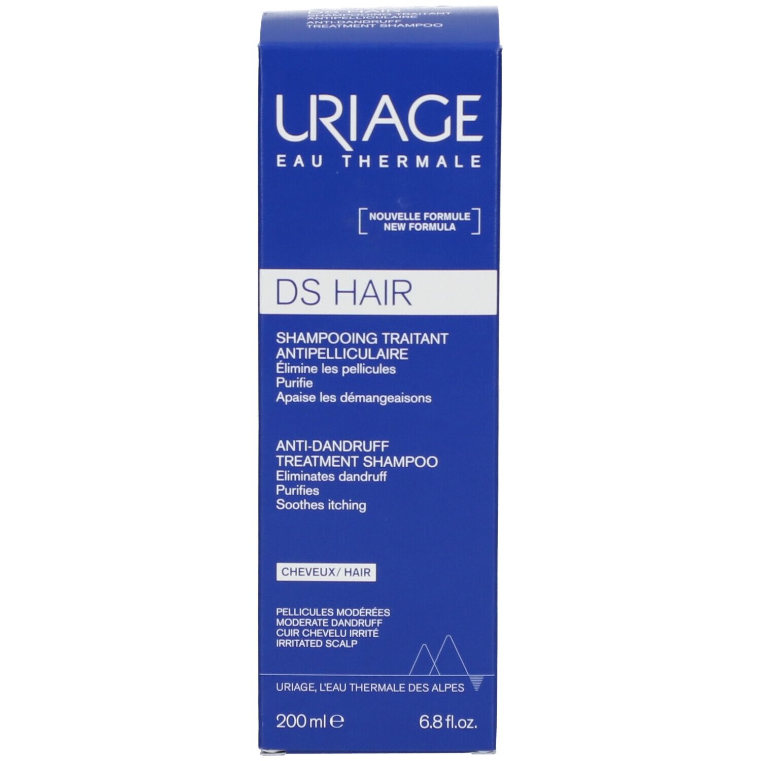 Uriage DS Hair Shampoo und Verpackung. Blaue Verpackung. Text: DS Hair, Shampooing Traitant Antipelliculaire.