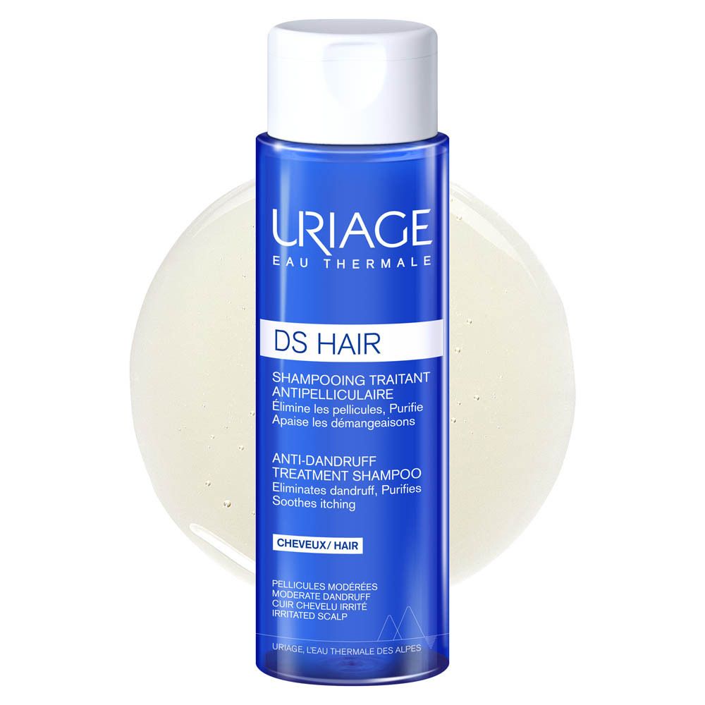 Uriage DS Hair Shampoo sur un liquide. Texte: DS Hair, Shampooing Traitant Antipelliculaire.
