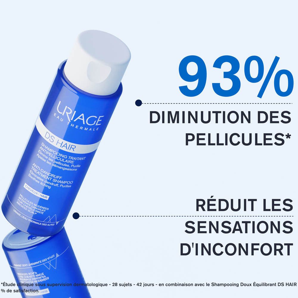 Graphique avec texte: 93% Diminution des pellicules, Réduit les sensations d'inconfort.