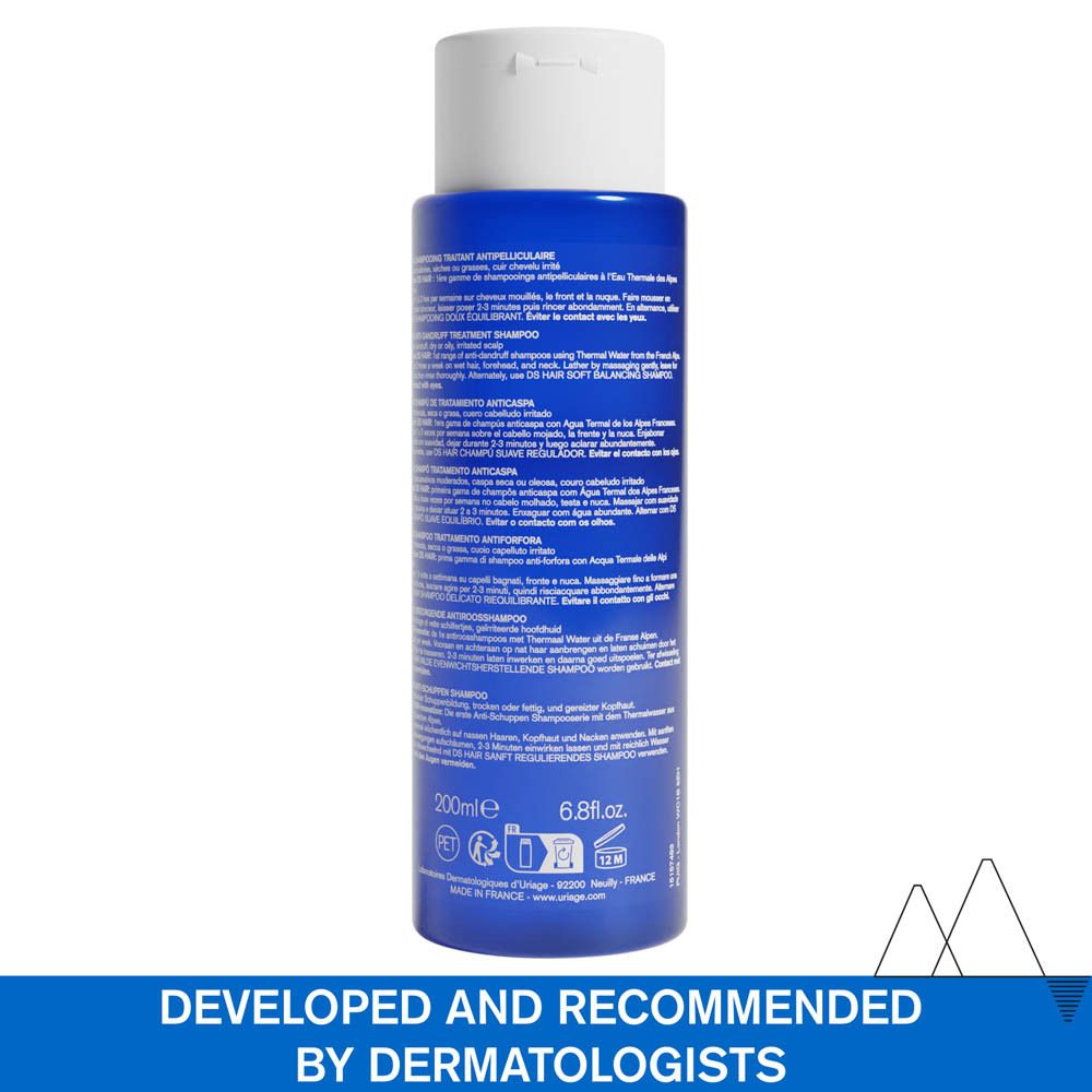Dos du flacon bleu Uriage DS Hair. Texte multilingue. 200ml.