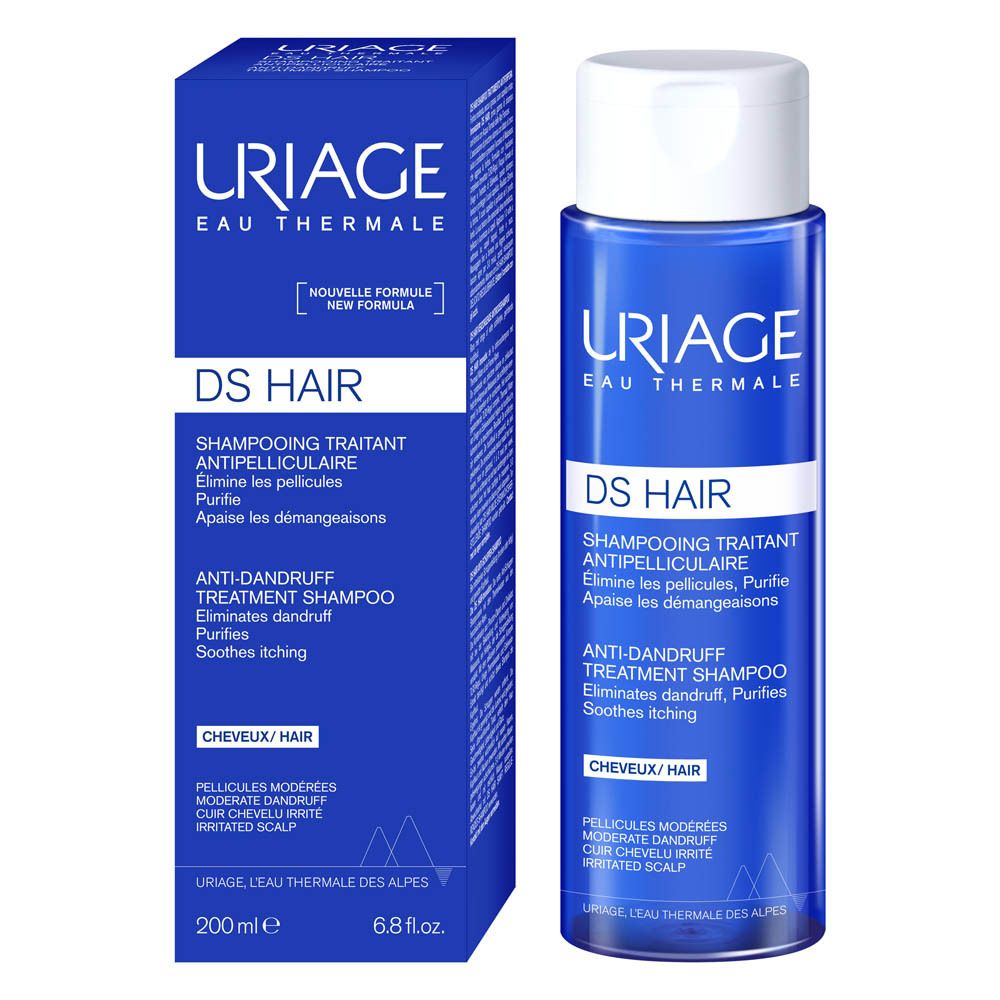 Uriage DS Hair Shampoo et emballage. Emballage bleu. Texte: DS Hair, Shampooing Traitant Antipelliculaire.