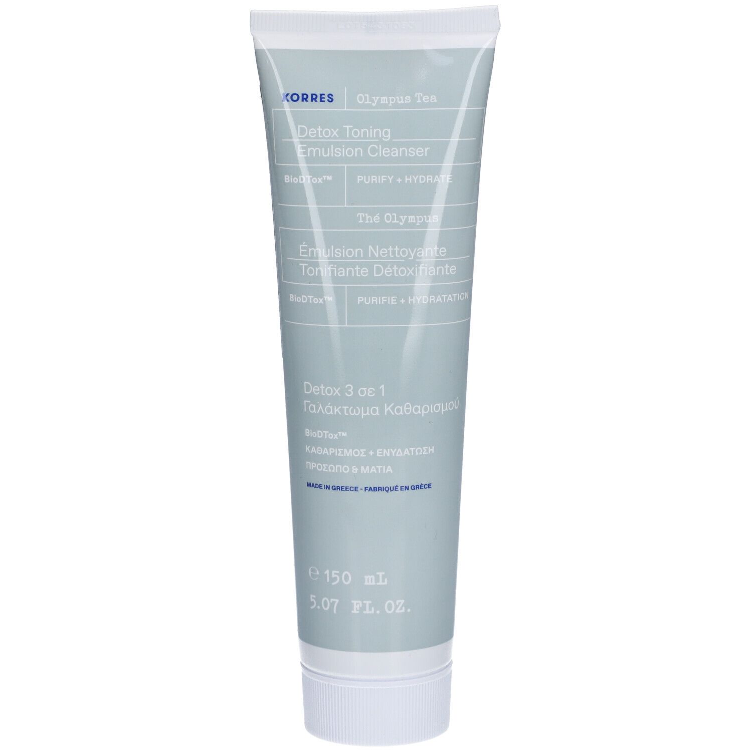 Korres Detox Toning Emulsion Cleanser Tube. Hellgrau-blauer Farbton. Text in Englisch und Griechisch. Weißer Deckel.