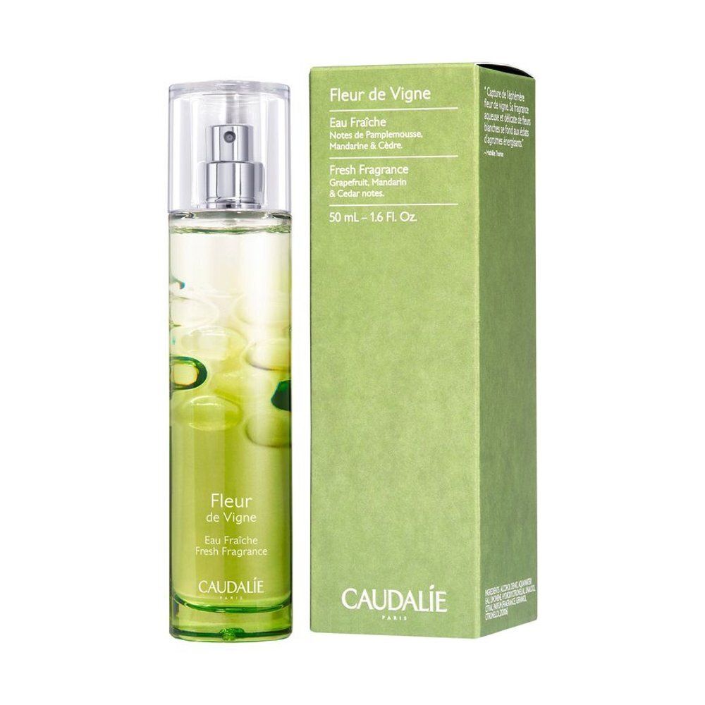 Flasche Caudalie Fleur de Vigne Eau Fraîche 50ml mit Pumpsprühkopf und Umverpackung.