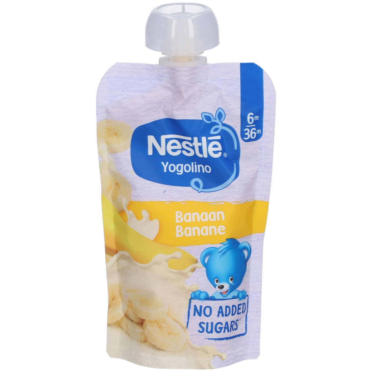 Quetschbeutel Nestlé Yogolino Banane. Blaue Schrift, gelber Streifen, Bananen-Illustration. Altersempfehlung 6-36 Monate. Ohne Zuckerzusatz.