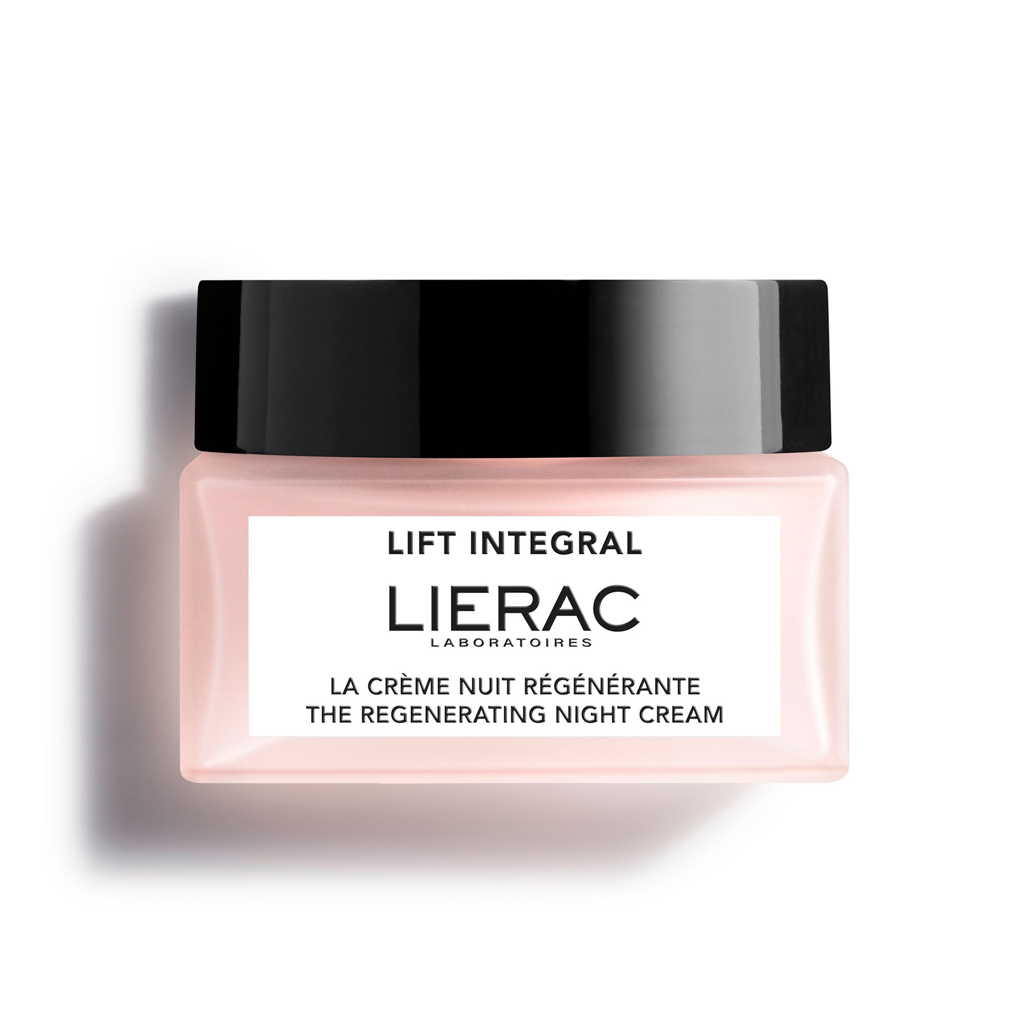 Pot de crème avec couvercle noir. Inscription : Lierac, Lift Integral, La Crème Nuit Régénérante.
