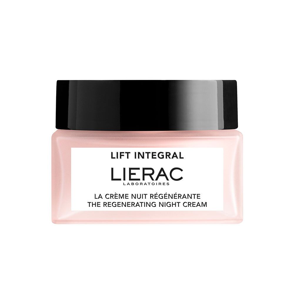Pot de crème à couvercle noir. Inscription : Lierac, Lift Integral, La Crème Nuit Régénérante.
