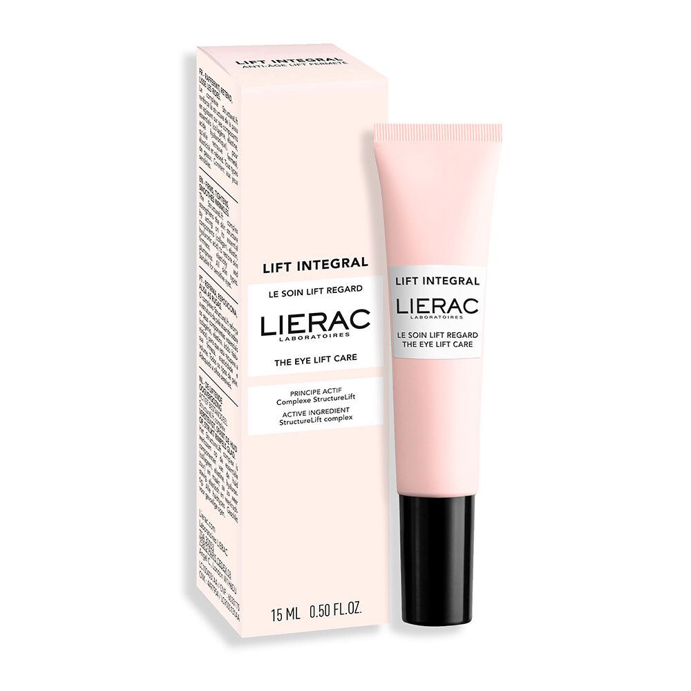 Tube et emballage roses. Inscription: LIFT INTEGRAL, LIERAC, THE EYE LIFT CARE. 15 ml.