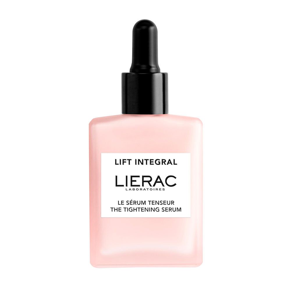 Rosa Serumflasche mit schwarzem Tropfer. Aufschrift: Lierac, Lift Integral, The Tightening Serum.