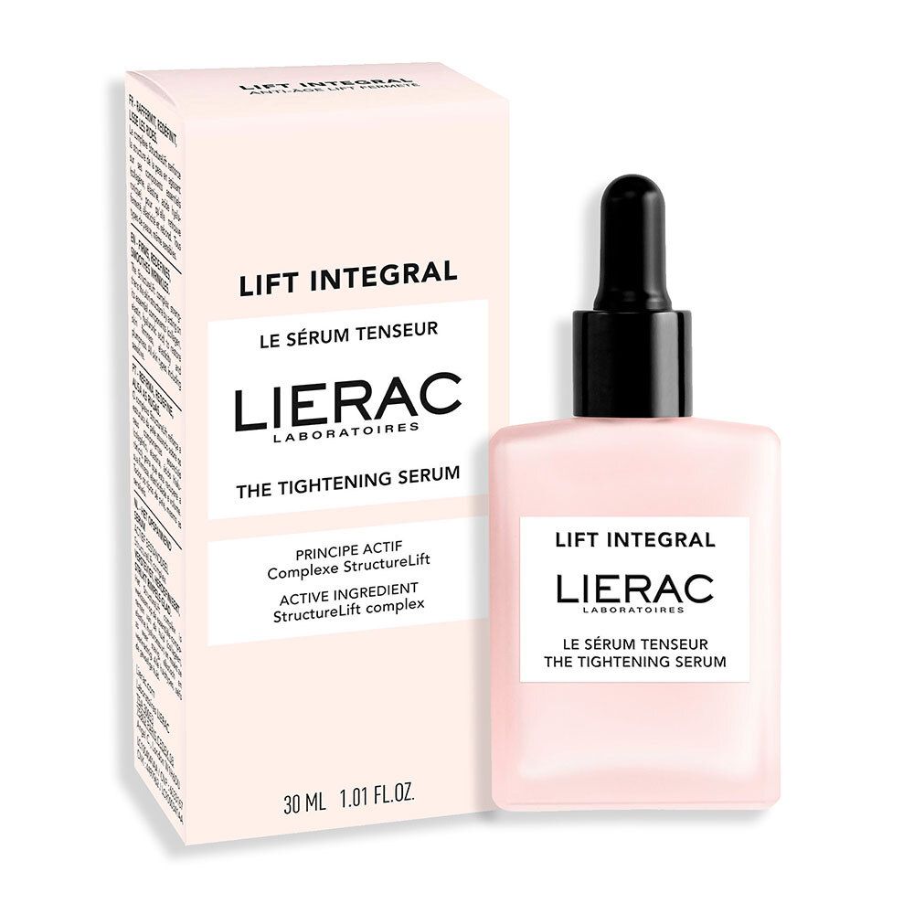 Rosa Serumflasche und Verpackung. Aufschrift: Lierac, Lift Integral, The Tightening Serum, 30 ml.