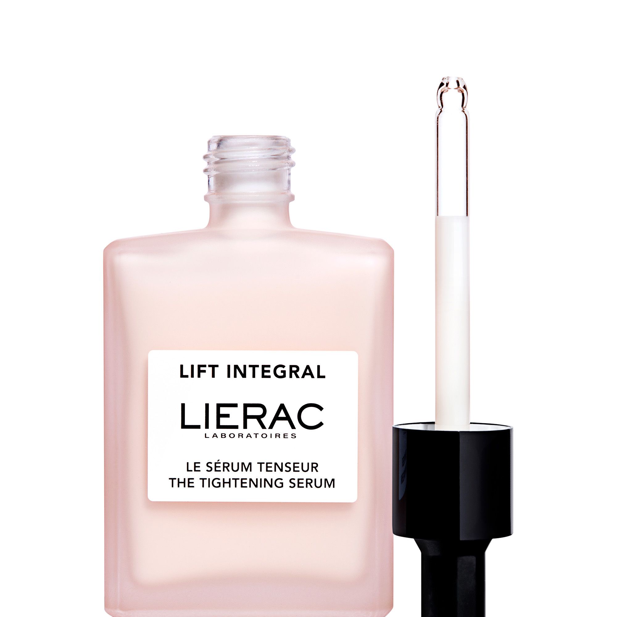 Flacon de sérum avec pipette. Inscription : Lierac, Lift Integral, Le Sérum Tenseur. Pipette ouverte.