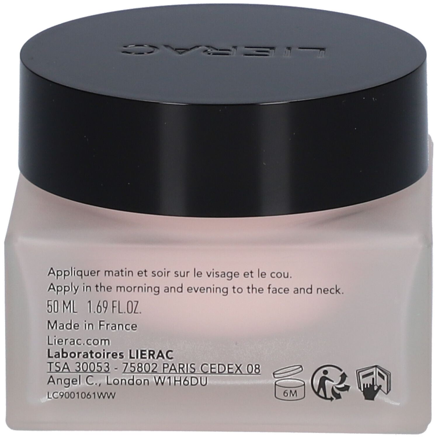 Rückseite eines Cremetiegels mit Text. Enthält Informationen wie: 50 ML 1.69 FL.OZ., Made in France, Lierac.com, und Adresse.