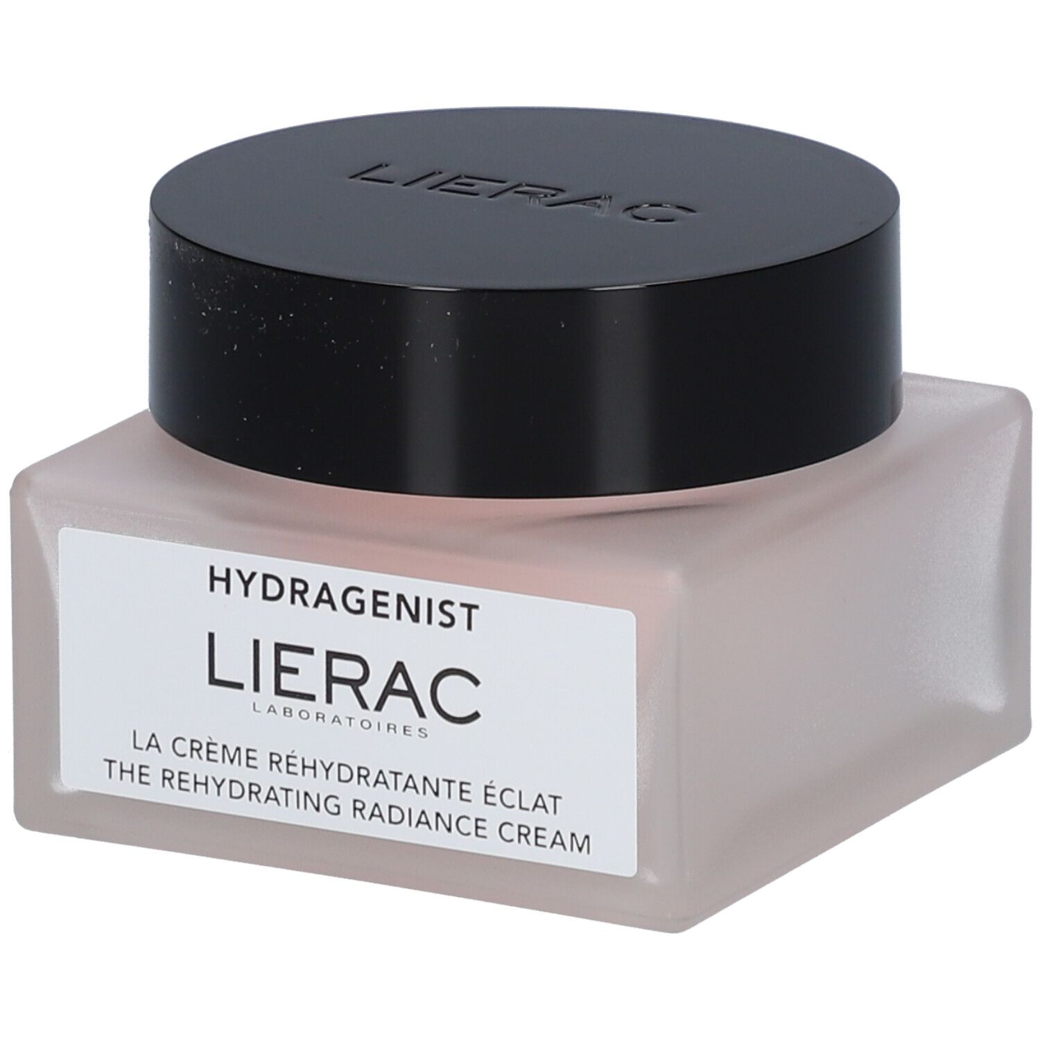 Cremetiegel mit schwarzem Deckel. Auf dem Etikett steht: HYDRAGENIST, LIERAC, LA CRÈME RÉHYDRATANTE ÉCLAT, THE REHYDRATING RADIANCE CREAM.
