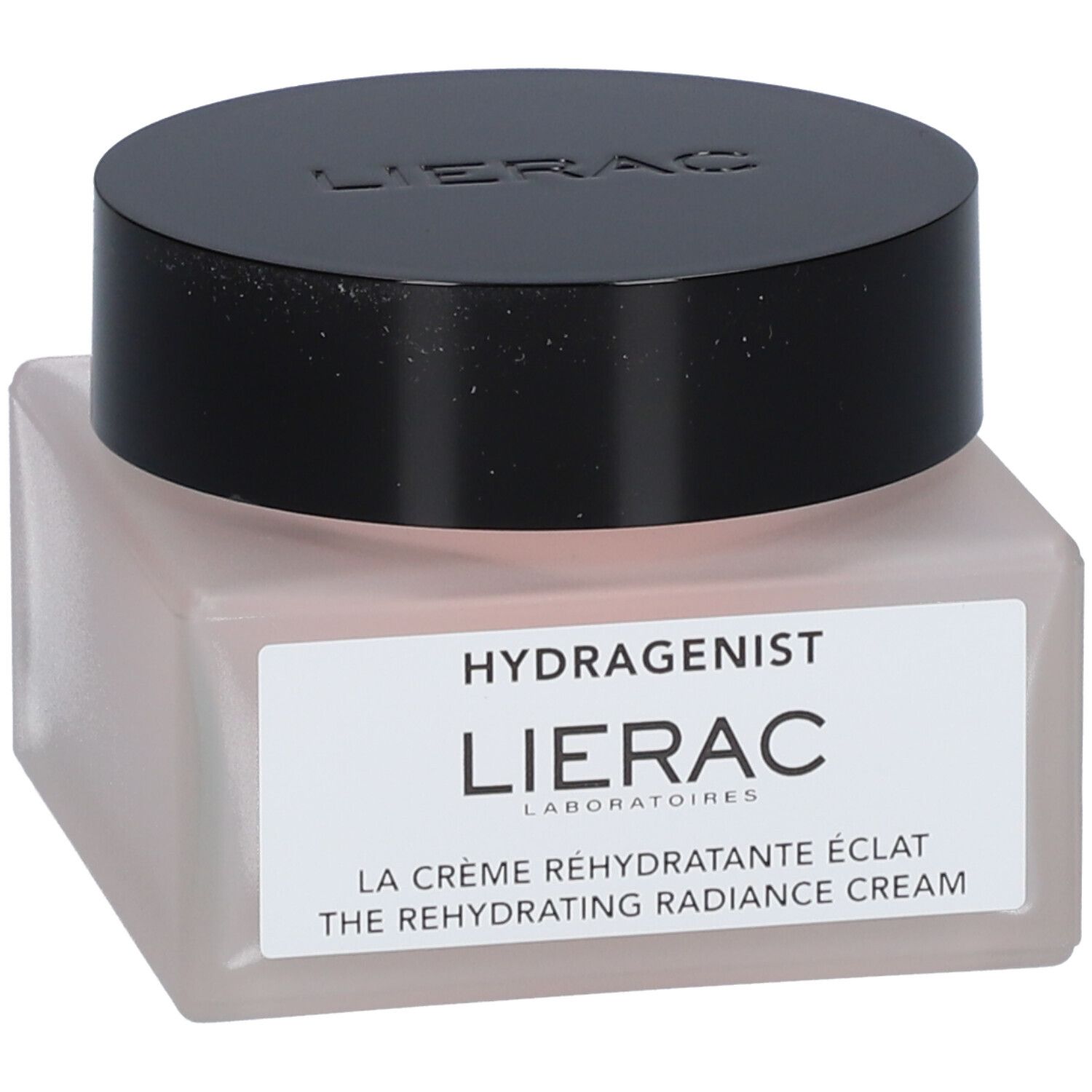 Cremetiegel mit schwarzem Deckel. Auf dem Etikett steht: HYDRAGENIST, LIERAC, LA CRÈME RÉHYDRATANTE ÉCLAT, THE REHYDRATING RADIANCE CREAM.