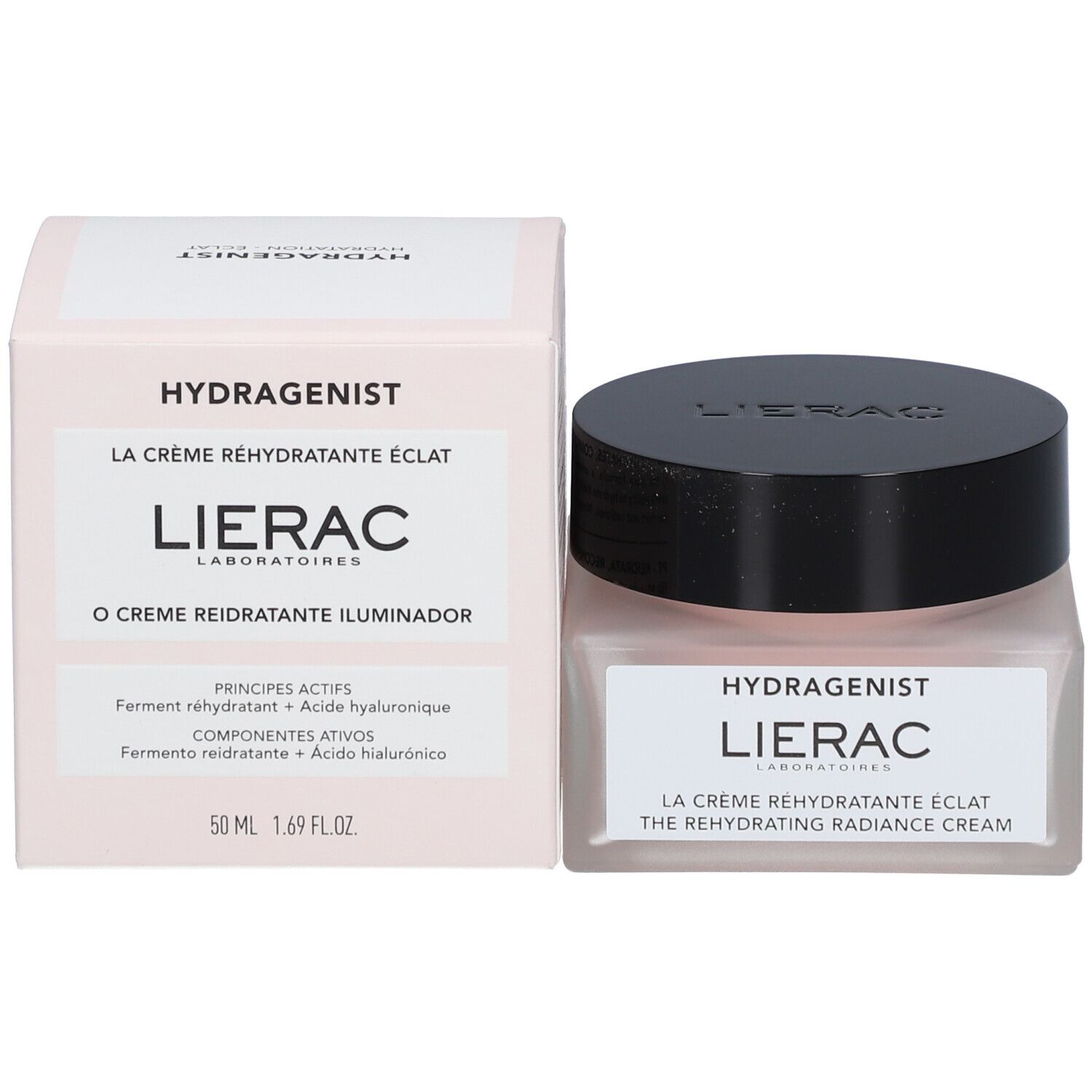Produktverpackung mit Cremetiegel. Auf der Verpackung steht: HYDRAGENIST, LIERAC, LA CRÈME RÉHYDRATANTE ÉCLAT, 50 ml.