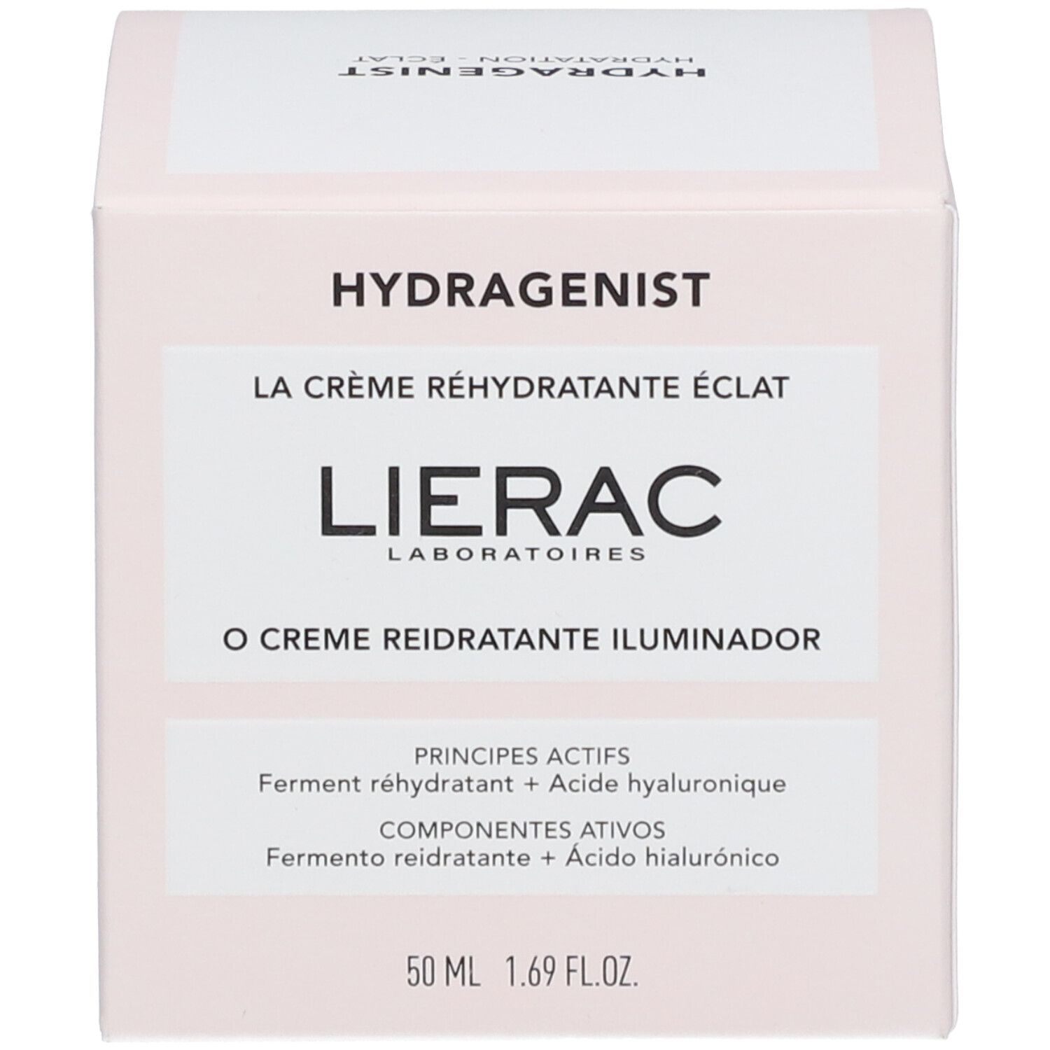 Produktverpackung mit Text. Auf der Verpackung steht: HYDRAGENIST, LIERAC, LA CRÈME RÉHYDRATANTE ÉCLAT, 50 ml.