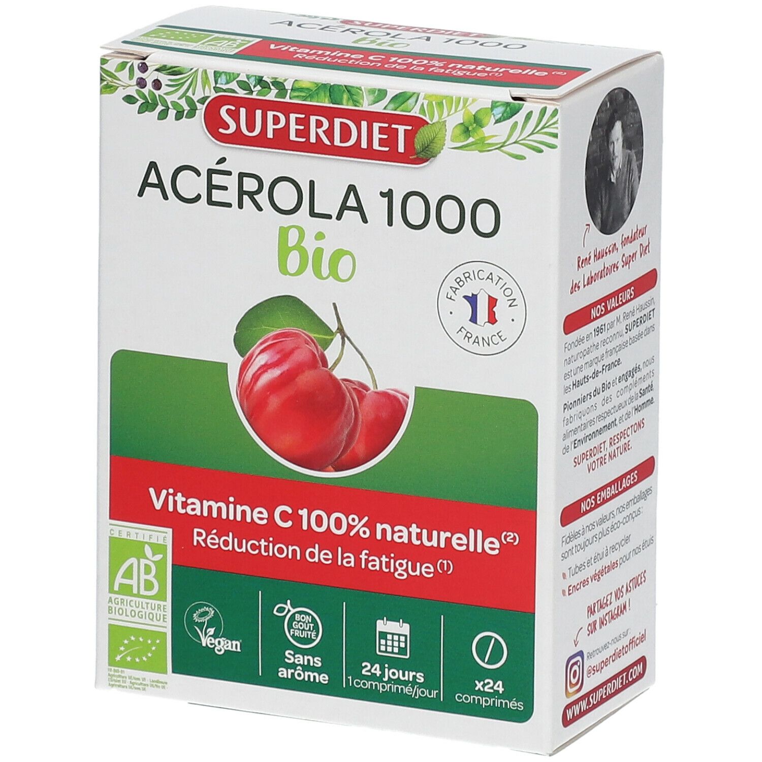 Boîte de SUPER DIET Acérola 1000 Bio. Contient 24 comprimés. Label bio, vegan et sans arôme.