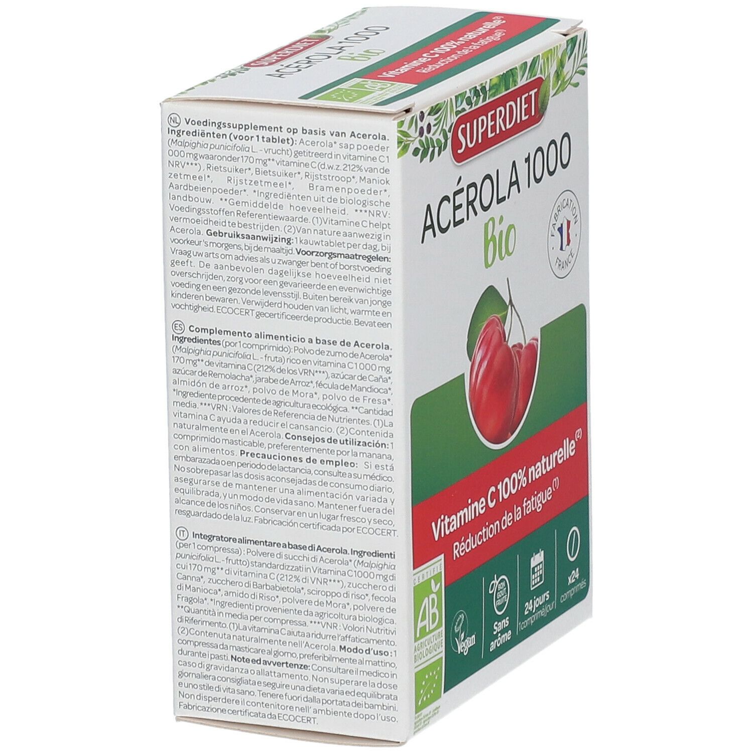 Vue latérale de la boîte SUPER DIET Acérola 1000 Bio. Texte multilingue, image de cerises.