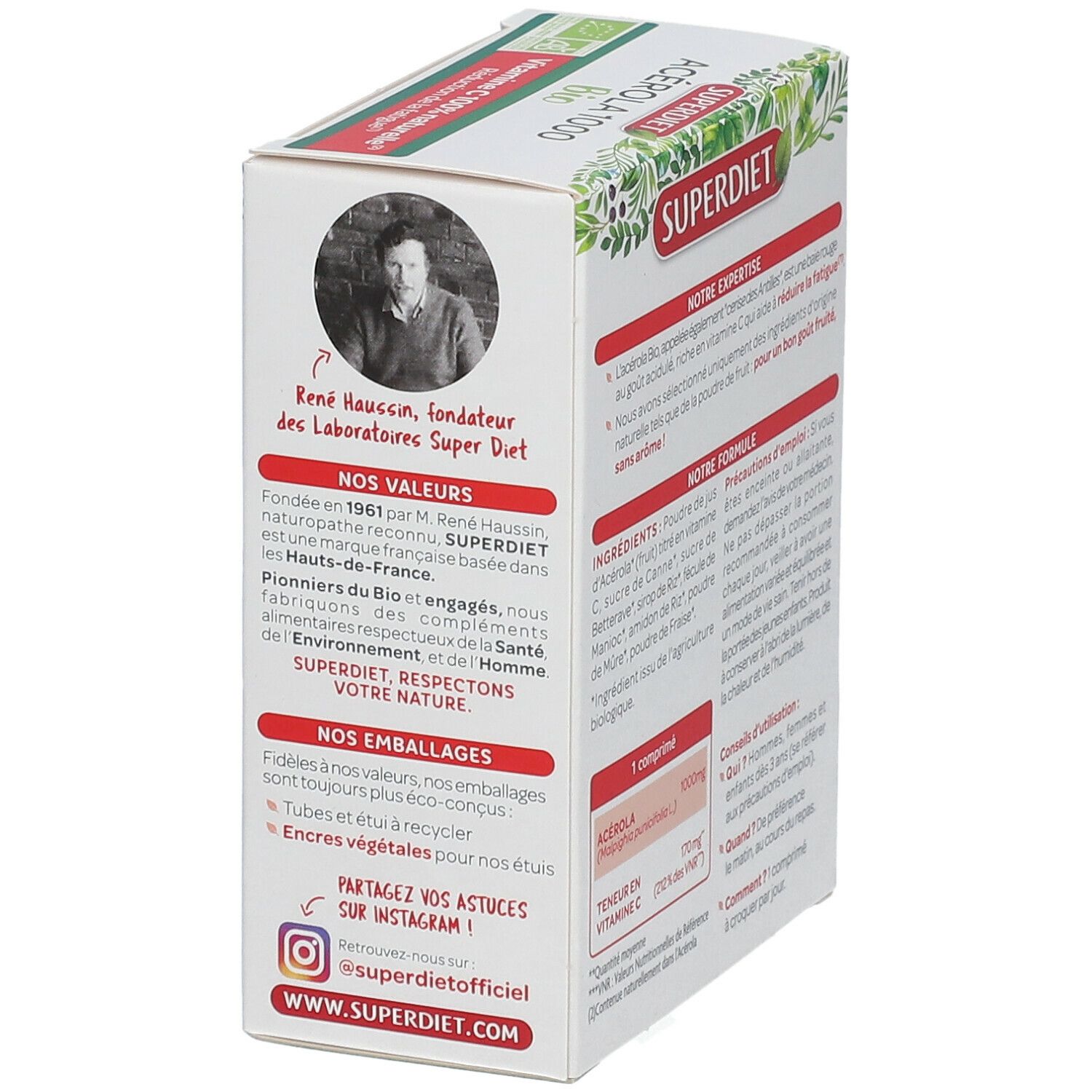 Vue latérale de la boîte SUPER DIET Acérola 1000 Bio. Informations sur le fabricant et les ingrédients.