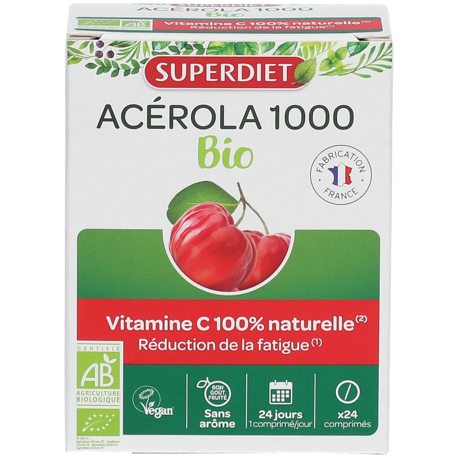 Vue de face de la boîte SUPER DIET Acérola 1000 Bio. Label bio, vegan et sans arôme.