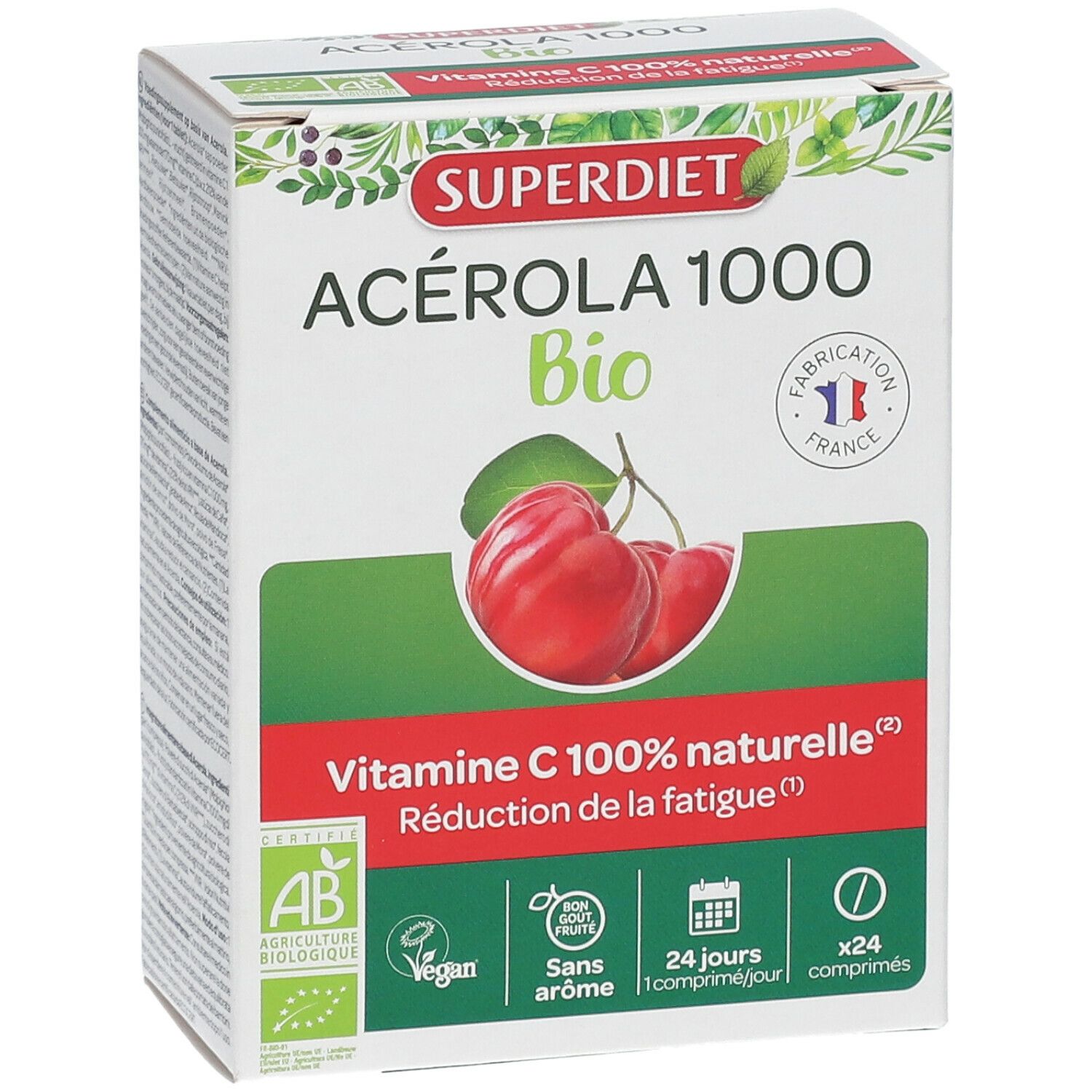 Vue de face de la boîte SUPER DIET Acérola 1000 Bio. Image de cerises et informations sur le produit.