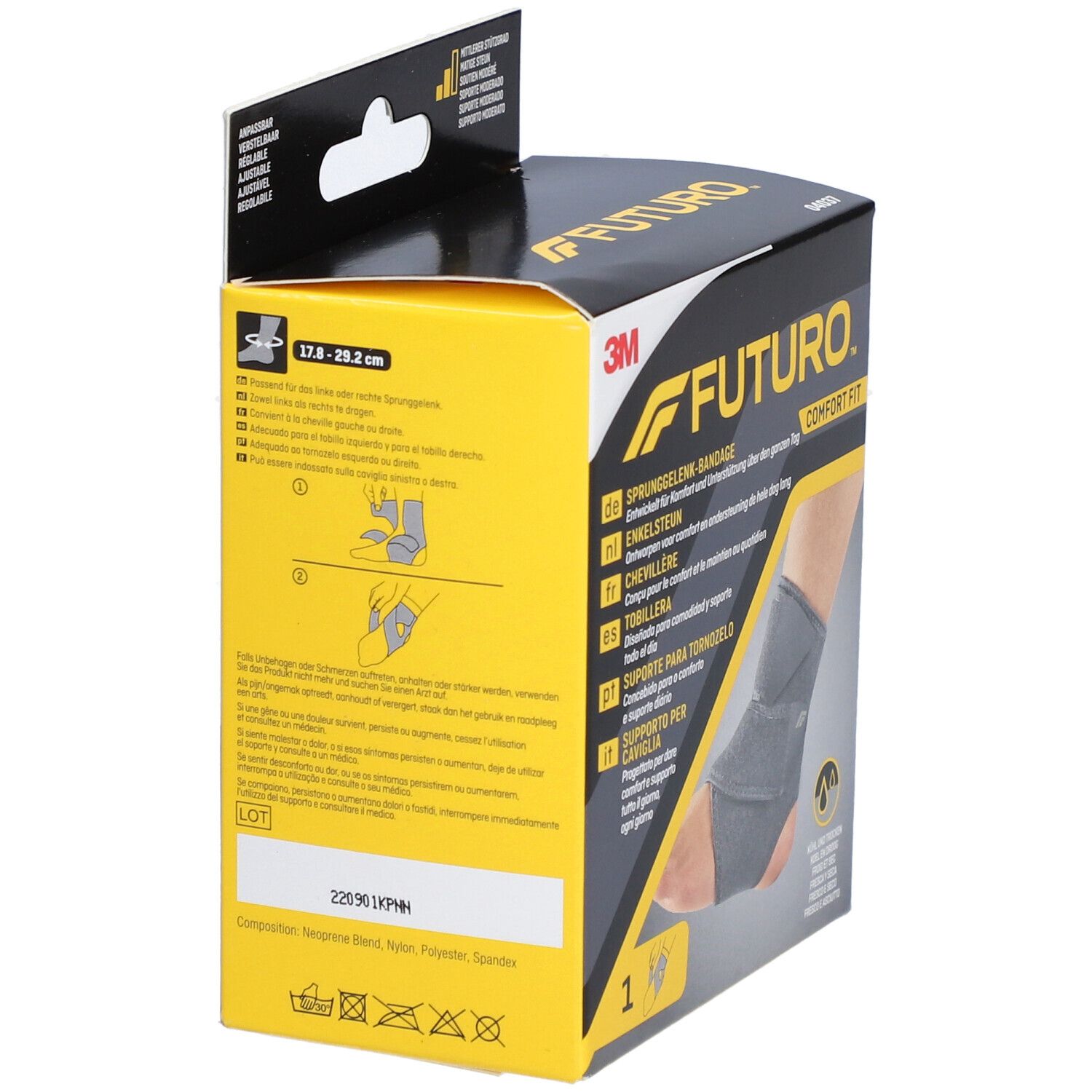 Rückseite der FUTURO™ Comfort Fit Knöchelbandage-Verpackung. Produktinformationen und Anwendungsbeispiele.