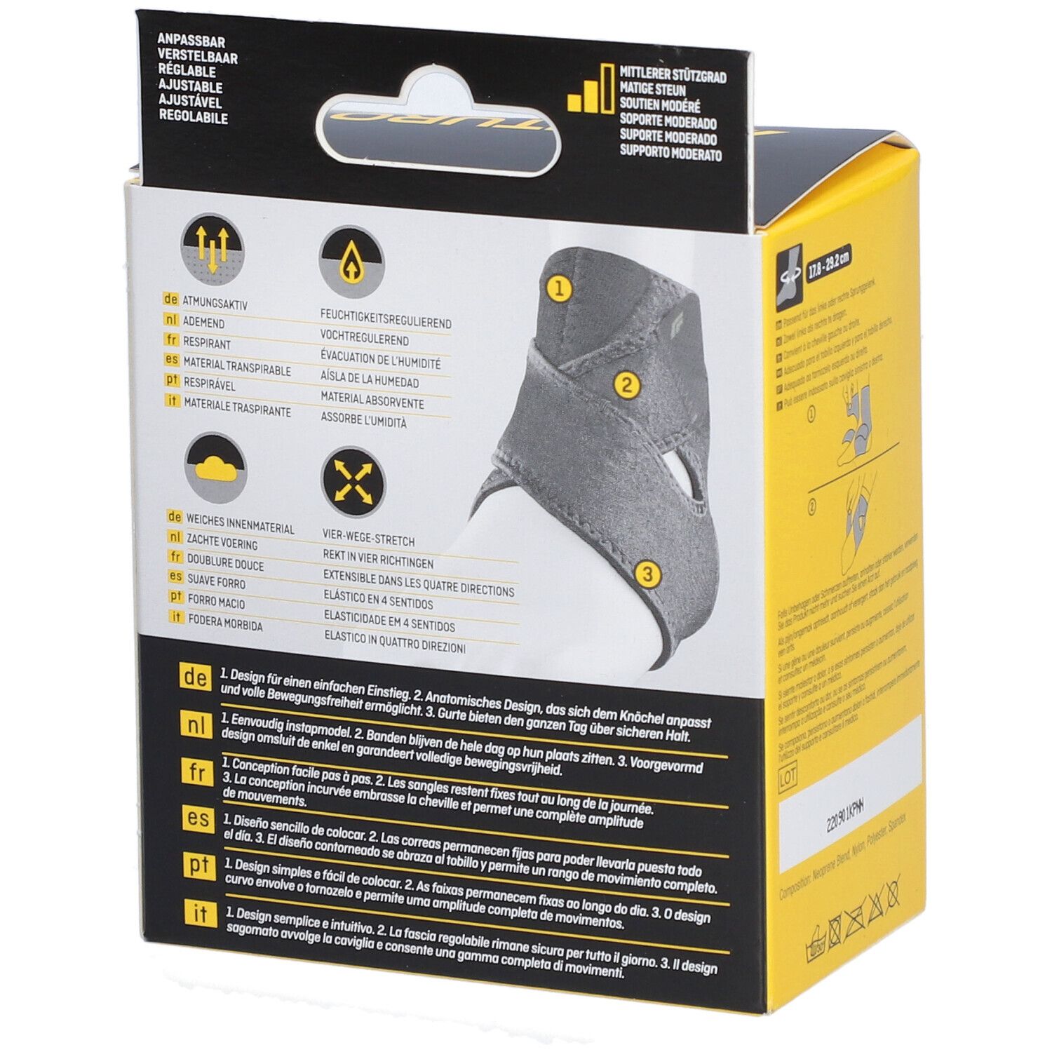 Rückseite der FUTURO™ Comfort Fit Knöchelbandage-Verpackung. Detailansicht der Bandage und Eigenschaften.