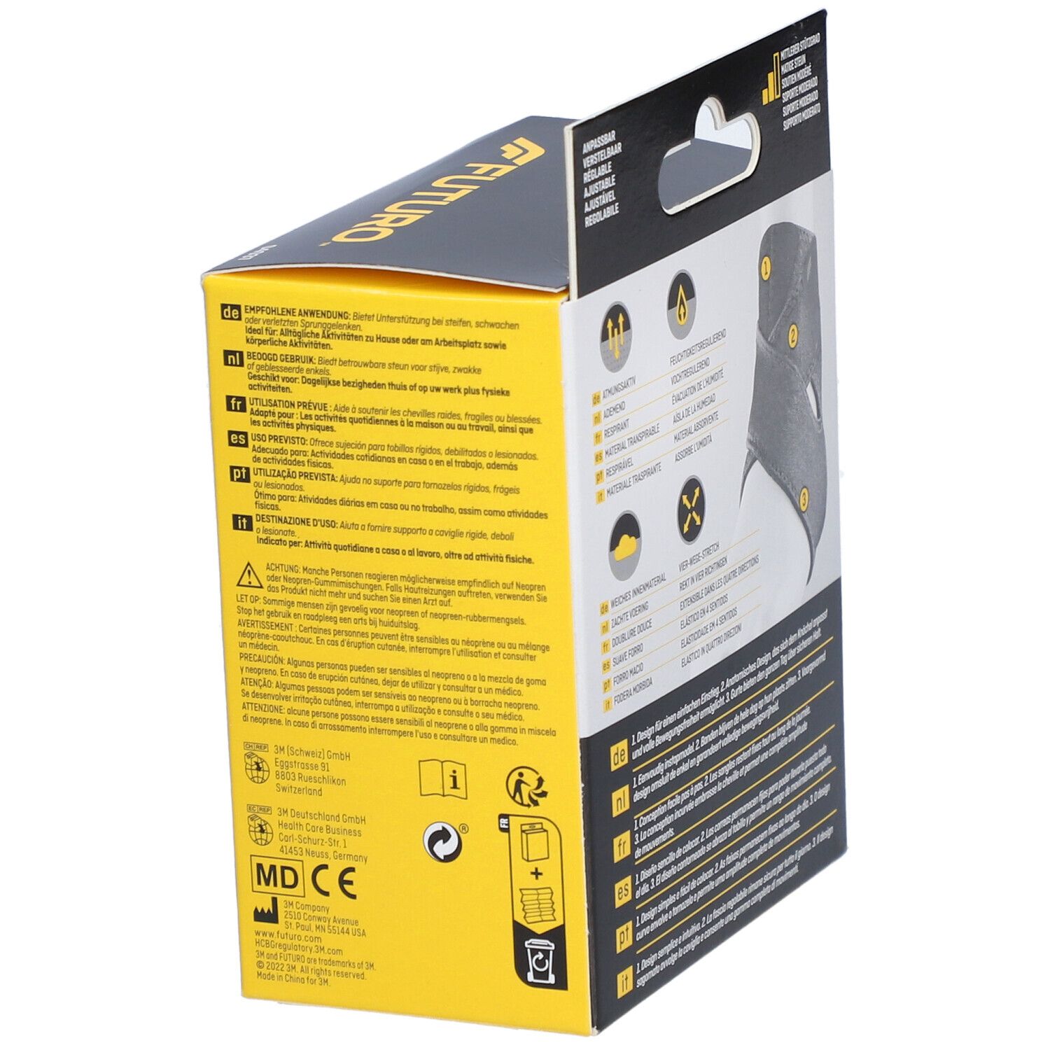 FUTURO™ Comfort Fit Knöchelbandage-Verpackung. Seitenansicht mit Produktinformationen und Logo.