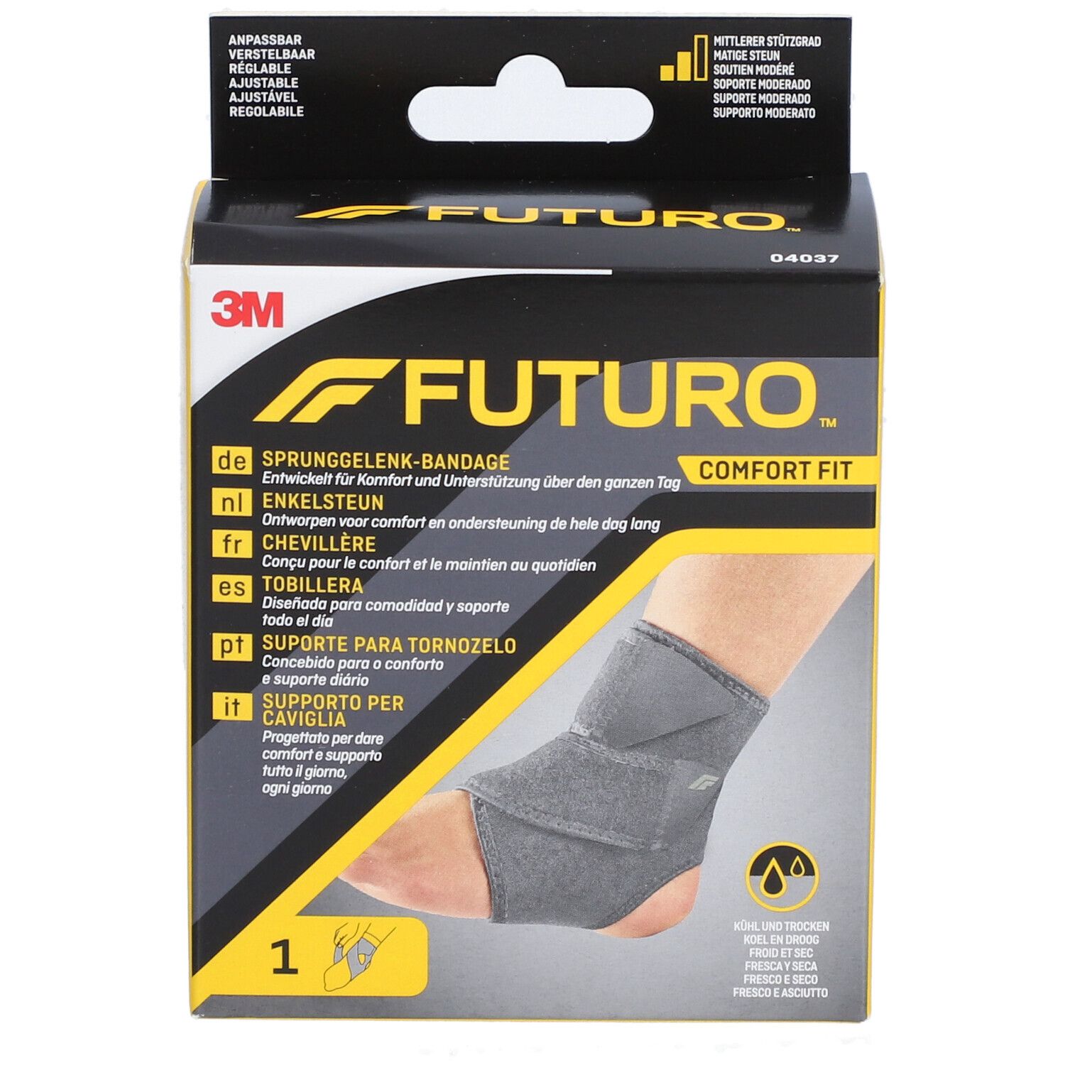 FUTURO™ Comfort Fit Knöchelbandage. Graue Bandage in Verpackung. Produktname und Logo sichtbar.