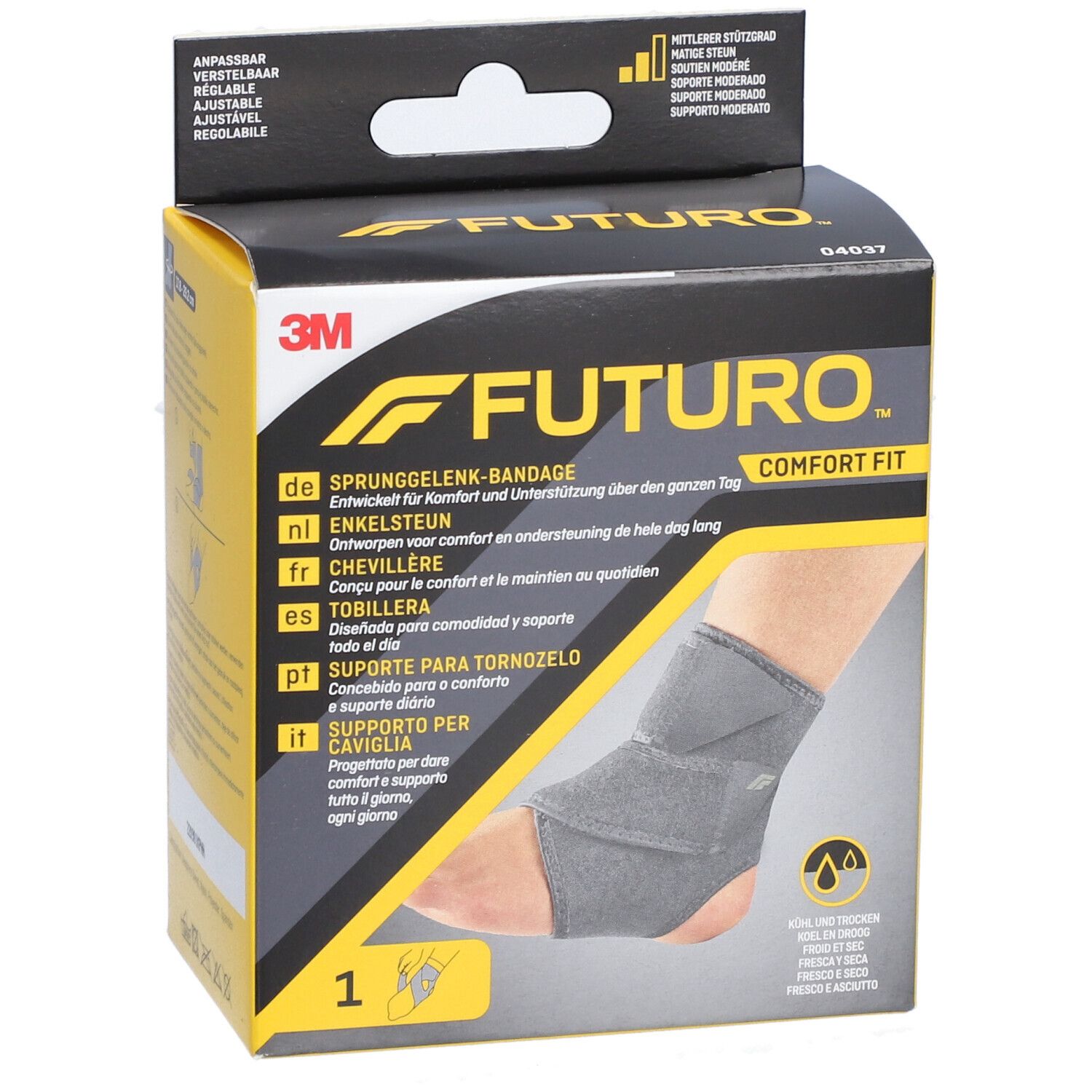 FUTURO™ Comfort Fit Knöchelbandage. Graue Bandage in Verpackung. Produktname und Logo sichtbar.