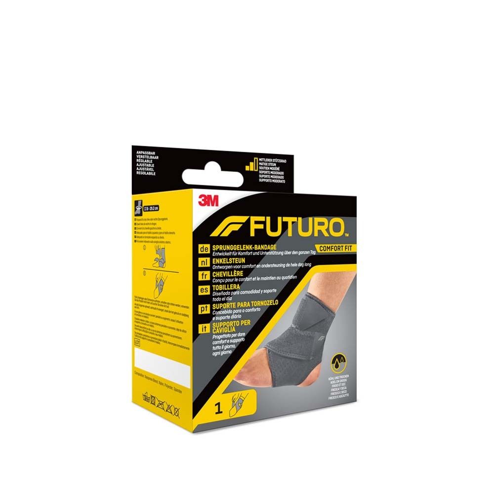 FUTURO™ Comfort Fit Knöchelbandage. Graue Bandage am Fuß. Verpackung mit Produktnamen und 3M Logo.