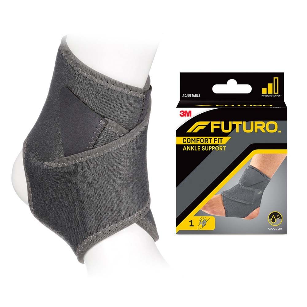 Seite der FUTURO™ Comfort Fit Knöchelbandage Verpackung. Produktmerkmale und Anwendungsbeispiele.