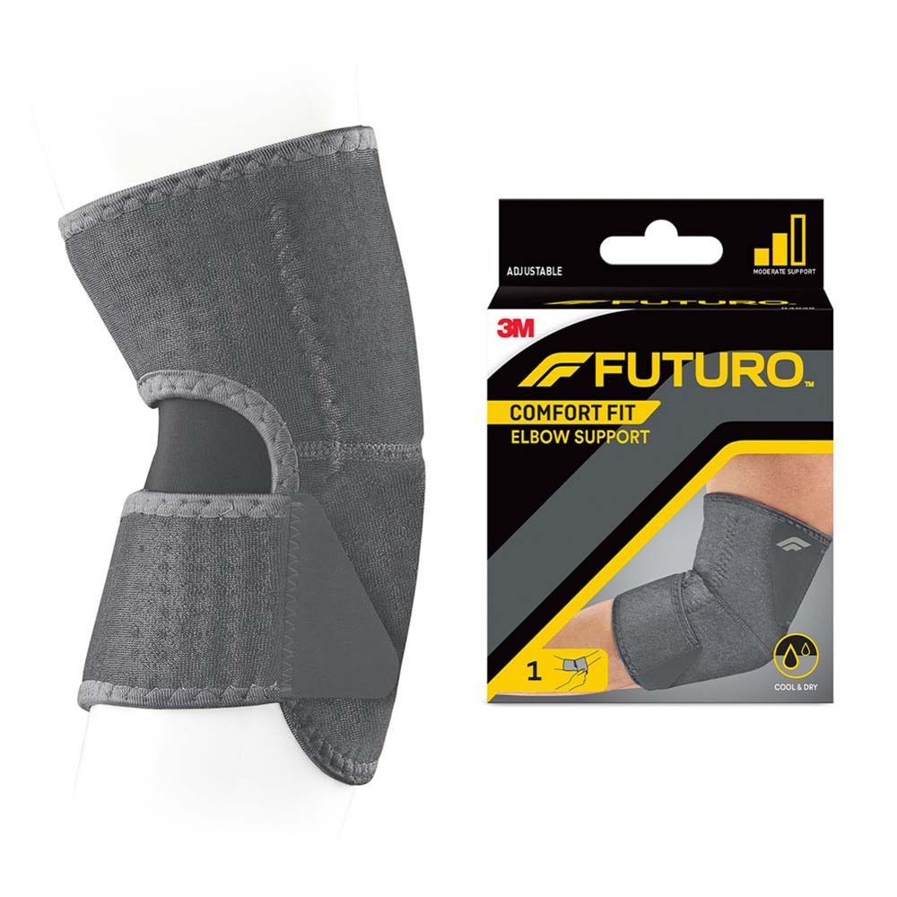 FUTURO™ Ellenbogenbandage, grau. Produktansicht, ohne Verpackung, auf Arm. Flexibles Material, anatomische Form.