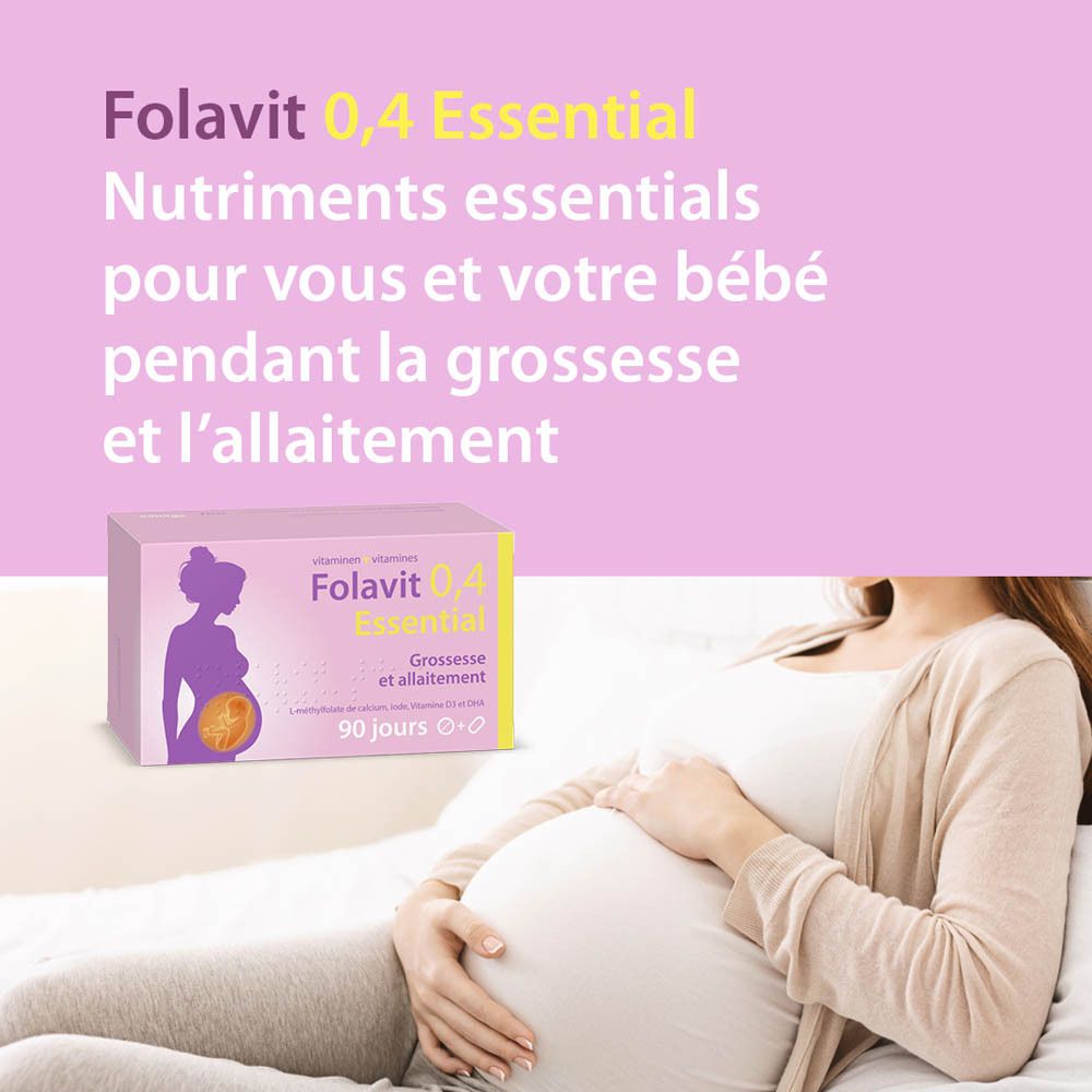 Emballage Folavit 0,4 Essential à côté d'une femme enceinte. Texte: Nutriments pour grossesse et allaitement.