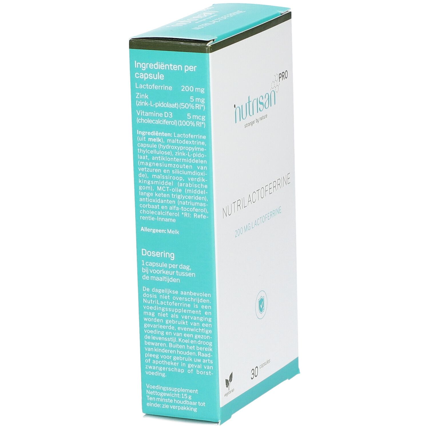 Karton mit "Nutrisan Pro" und "Nutrilactoferrin". Enthält 30 Kapseln. Aufdruck: 200 mg Lactoferrin. Inhaltsstoffe und Dosierung.