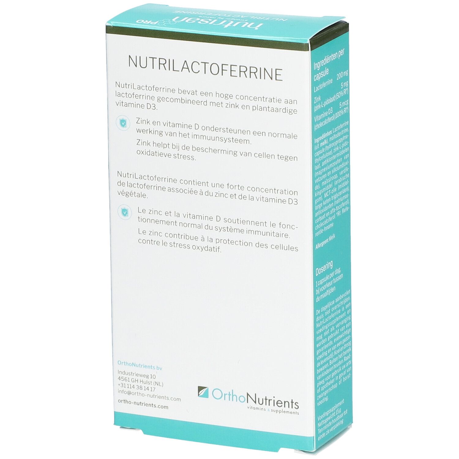 Karton mit "Nutrisan Pro" und "Nutrilactoferrin". Enthält 30 Kapseln. Rückseite mit Produktinformationen und Inhaltsstoffen.