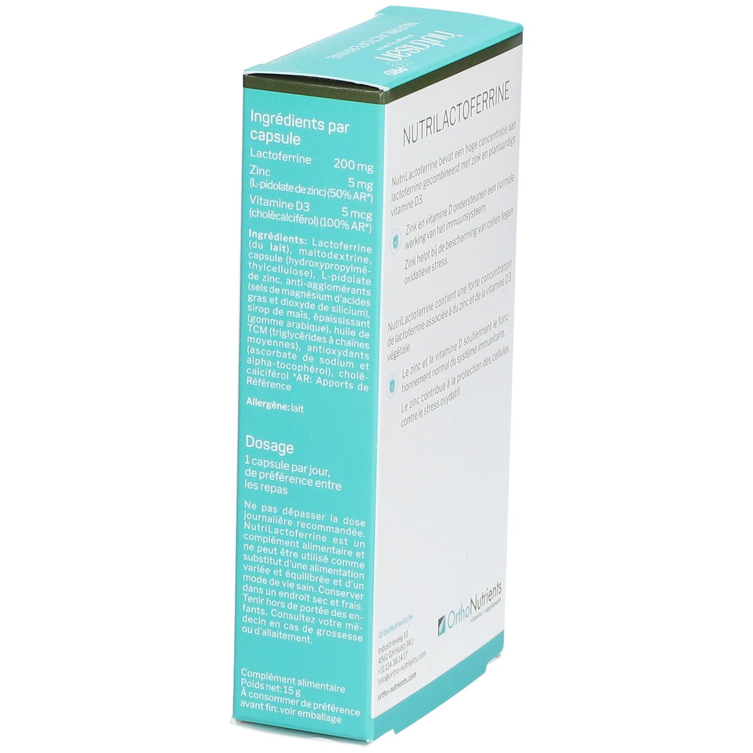 Karton mit "Nutrisan Pro" und "Nutrilactoferrin". Enthält 30 Kapseln. Rückseite mit Produktinformationen und Inhaltsstoffen.