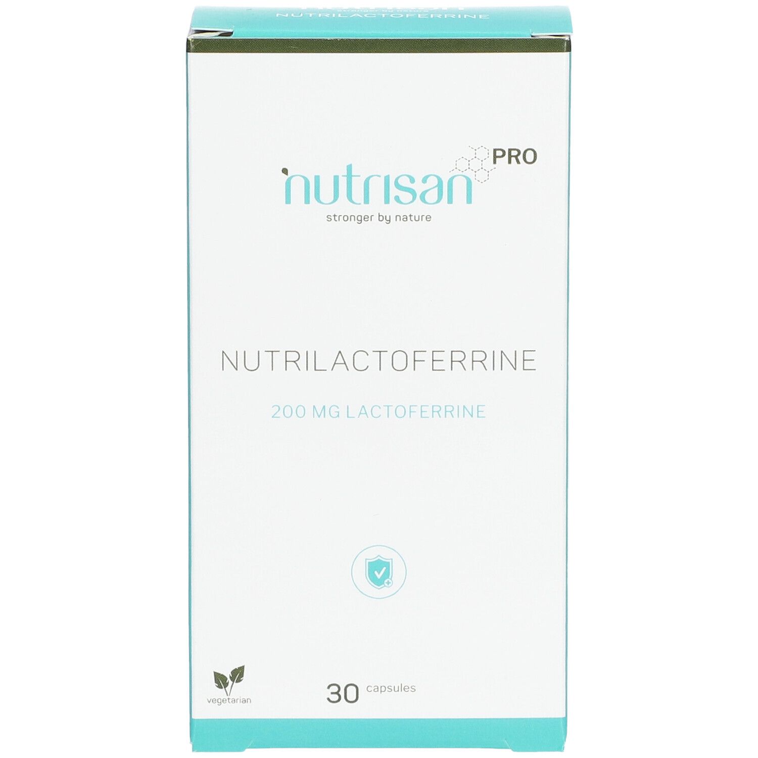 Weißer Karton mit "Nutrisan Pro" und "Nutrilactoferrin" Aufdruck. Enthält 30 Kapseln. Aufdruck: 200 mg Lactoferrin.