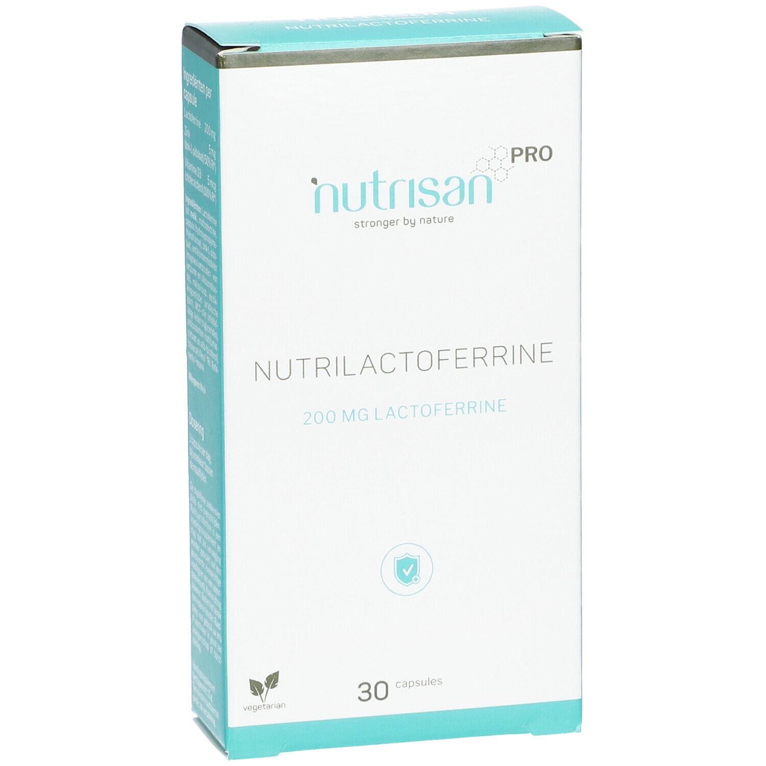 Weißer Karton mit "Nutrisan Pro" und "Nutrilactoferrin" Aufdruck. Enthält 30 Kapseln. Aufdruck: 200 mg Lactoferrin.