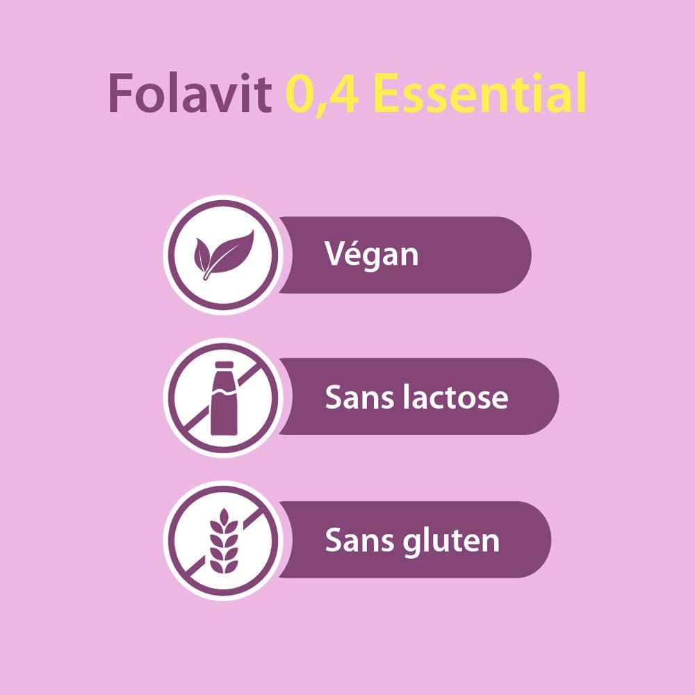 Folavit 0,4 Essential. Végétalien, sans lactose, sans gluten. Symboles. Fond violet.