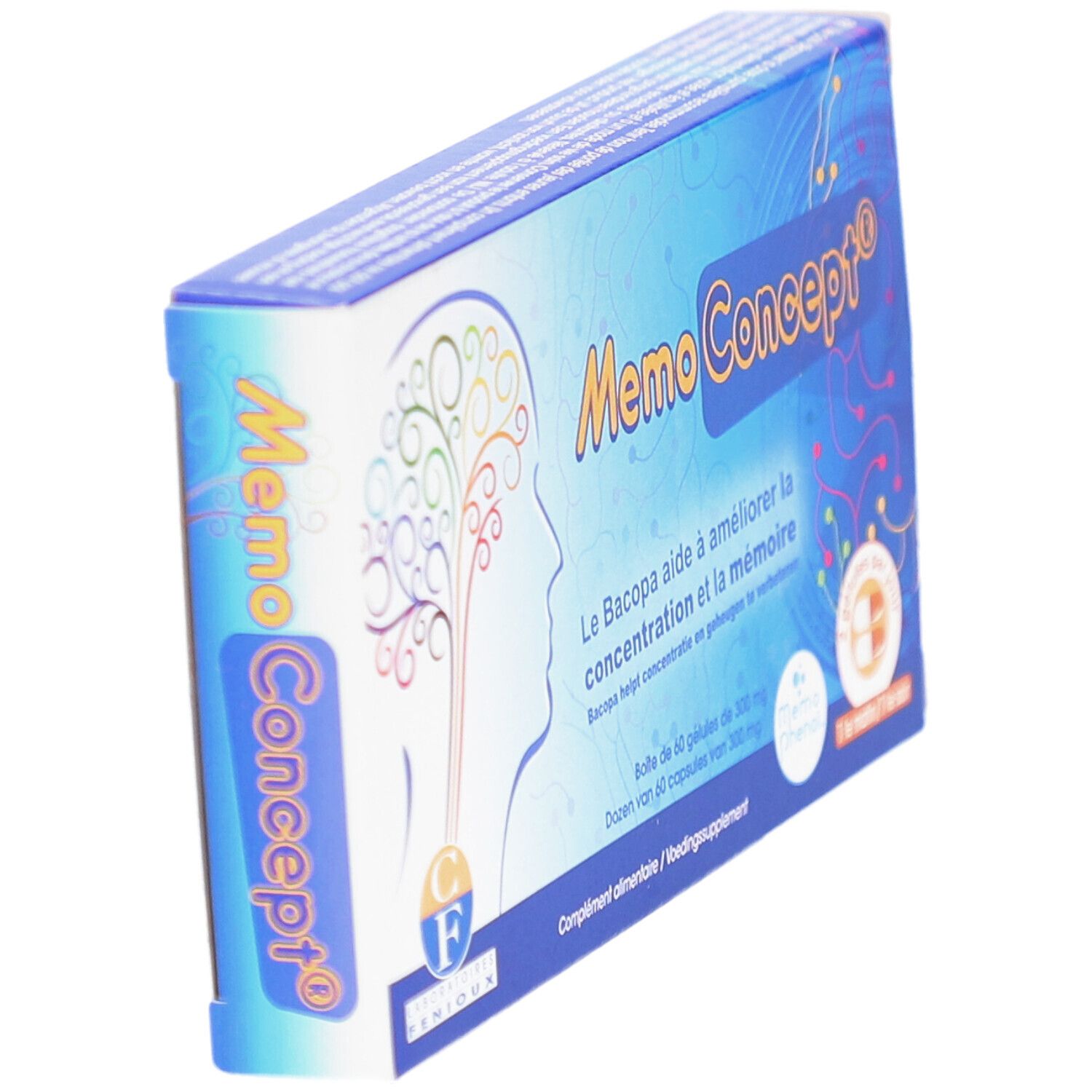 Schachtel Memoconcept, schräg. Blaue und weiße Verpackung mit Produktnamen und Gehirn-Illustration.