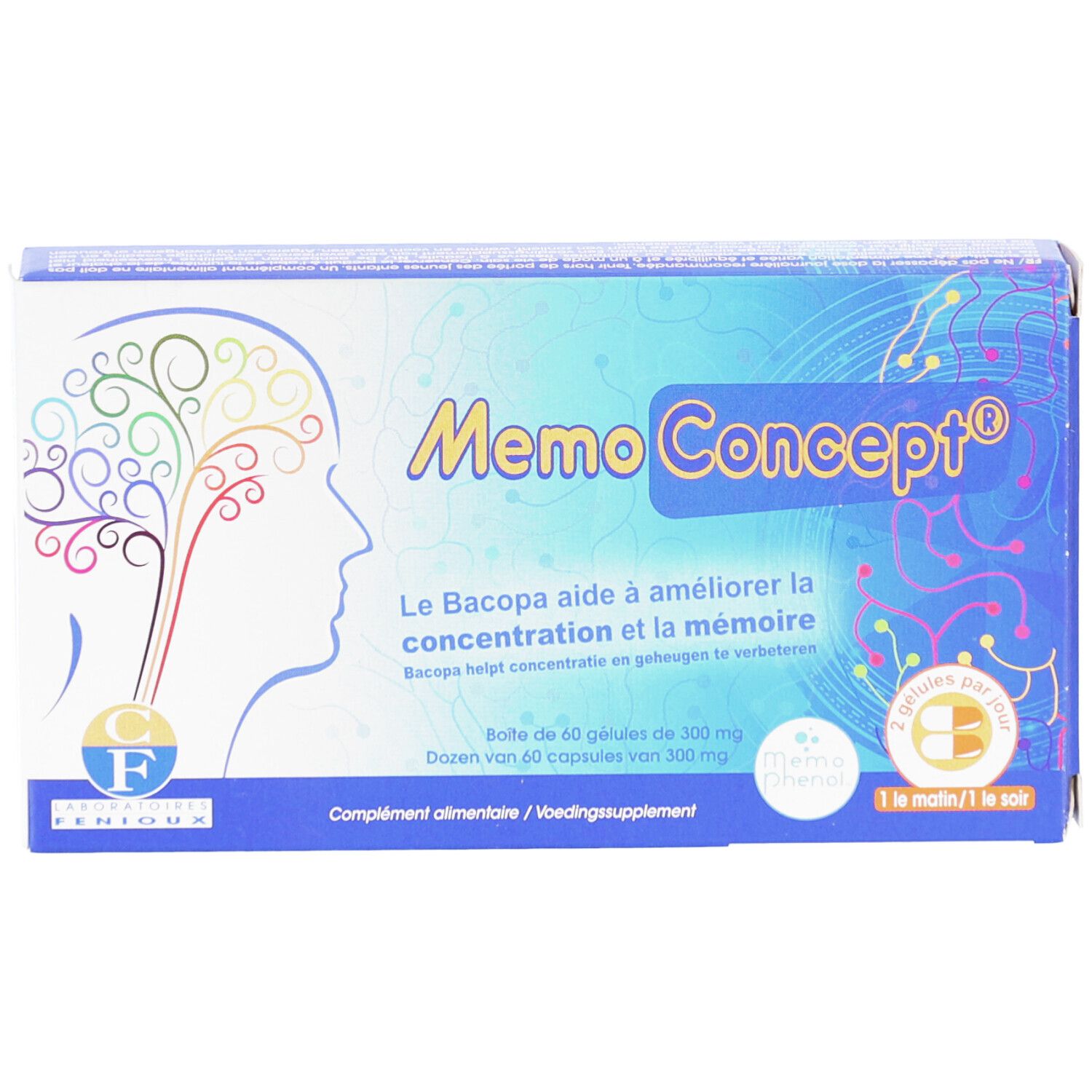 Schachtel mit Memoconcept-Kapseln. Blaue und weiße Verpackung mit Produktnamen und Illustration eines Gehirns.