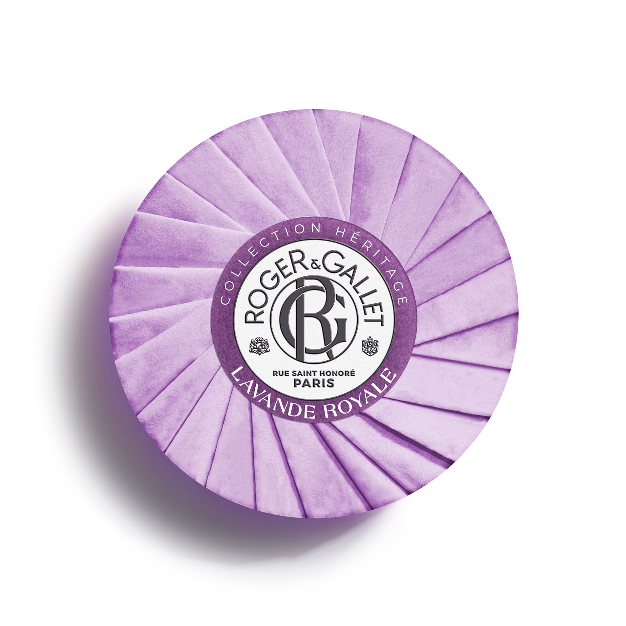 Savon rond violet enveloppé de papier. Marque Roger & Gallet, Lavande Royale.